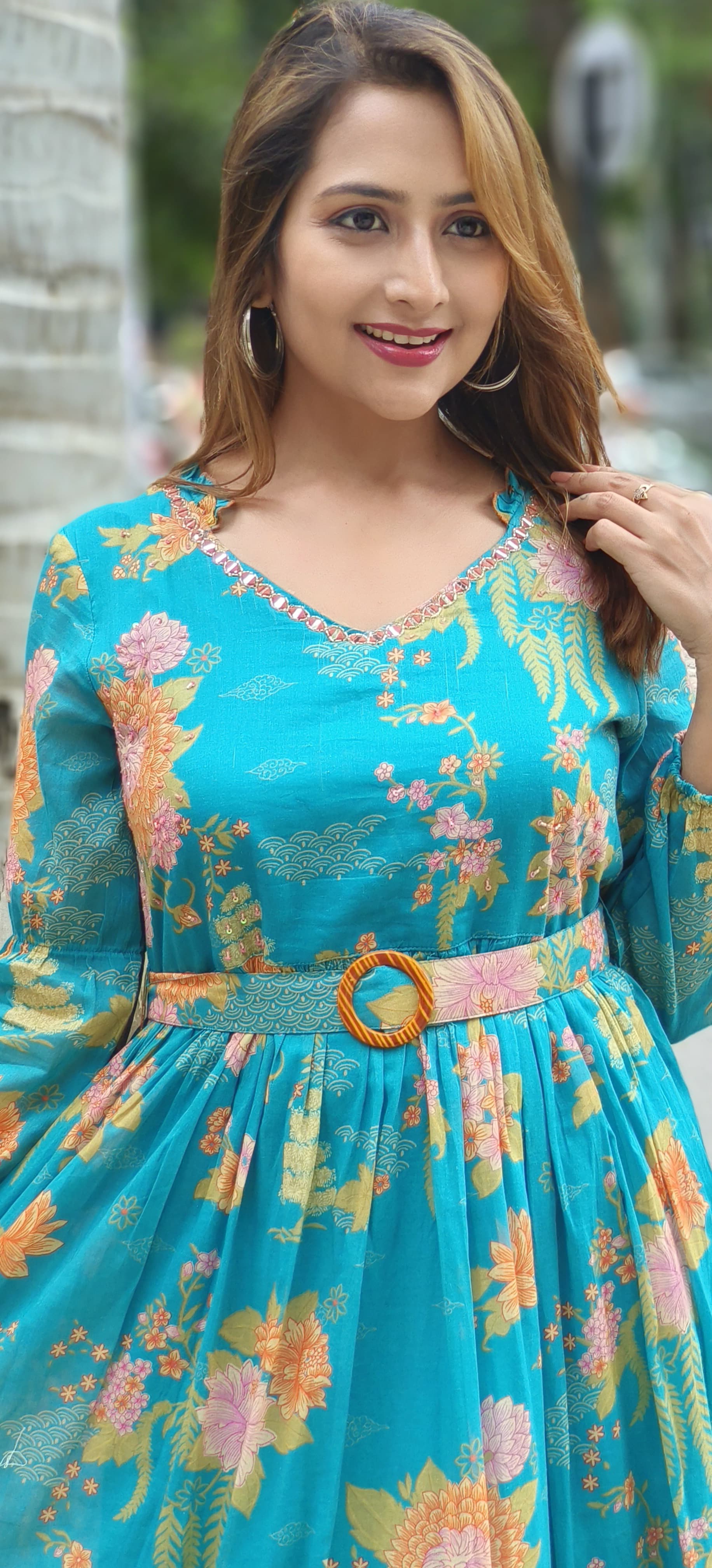 Cotton printed real mirror embroidery long Frock with belt-03437