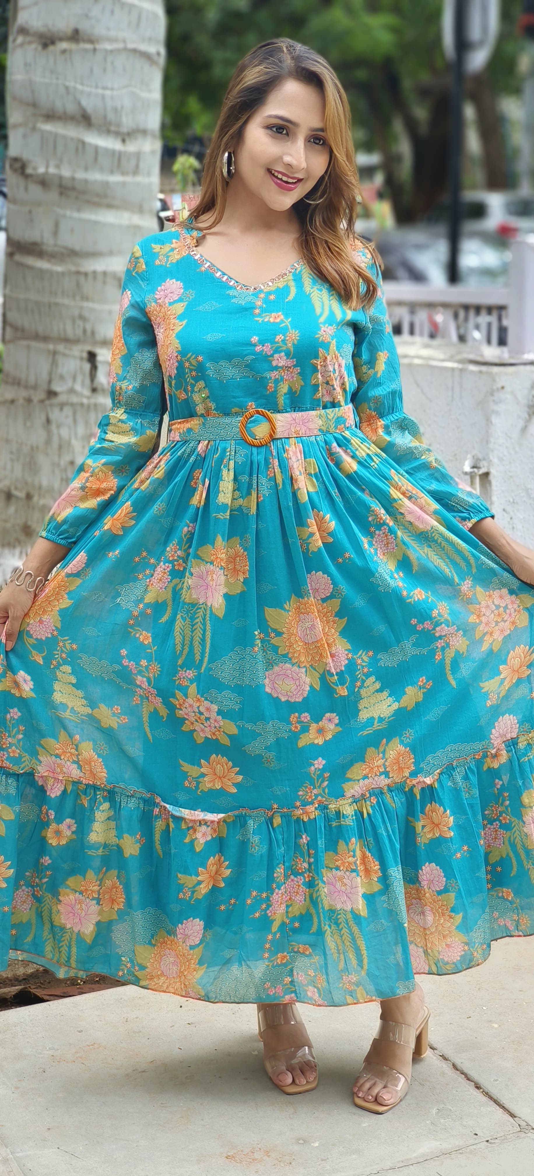 Cotton printed real mirror embroidery long Frock with belt-03437