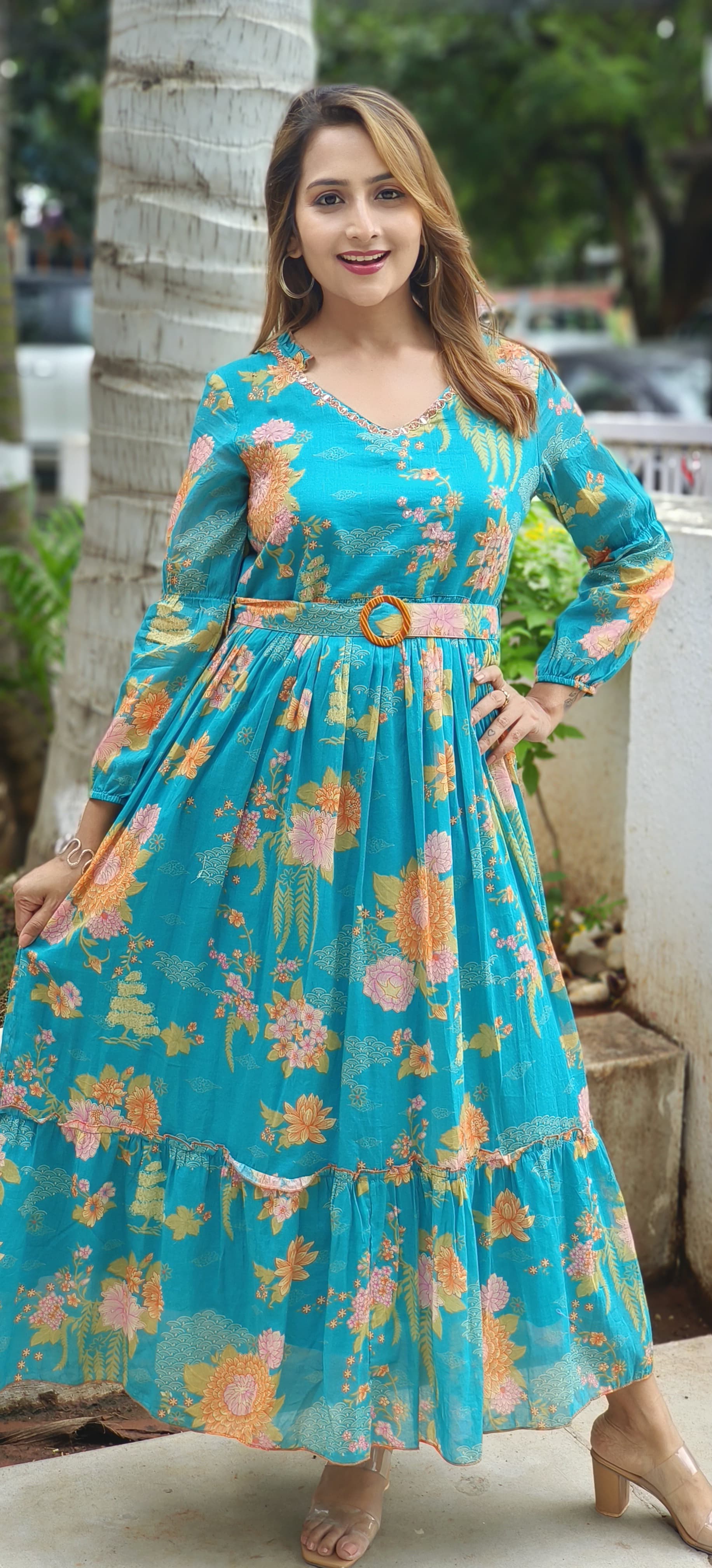 Cotton printed real mirror embroidery long Frock with belt-03437