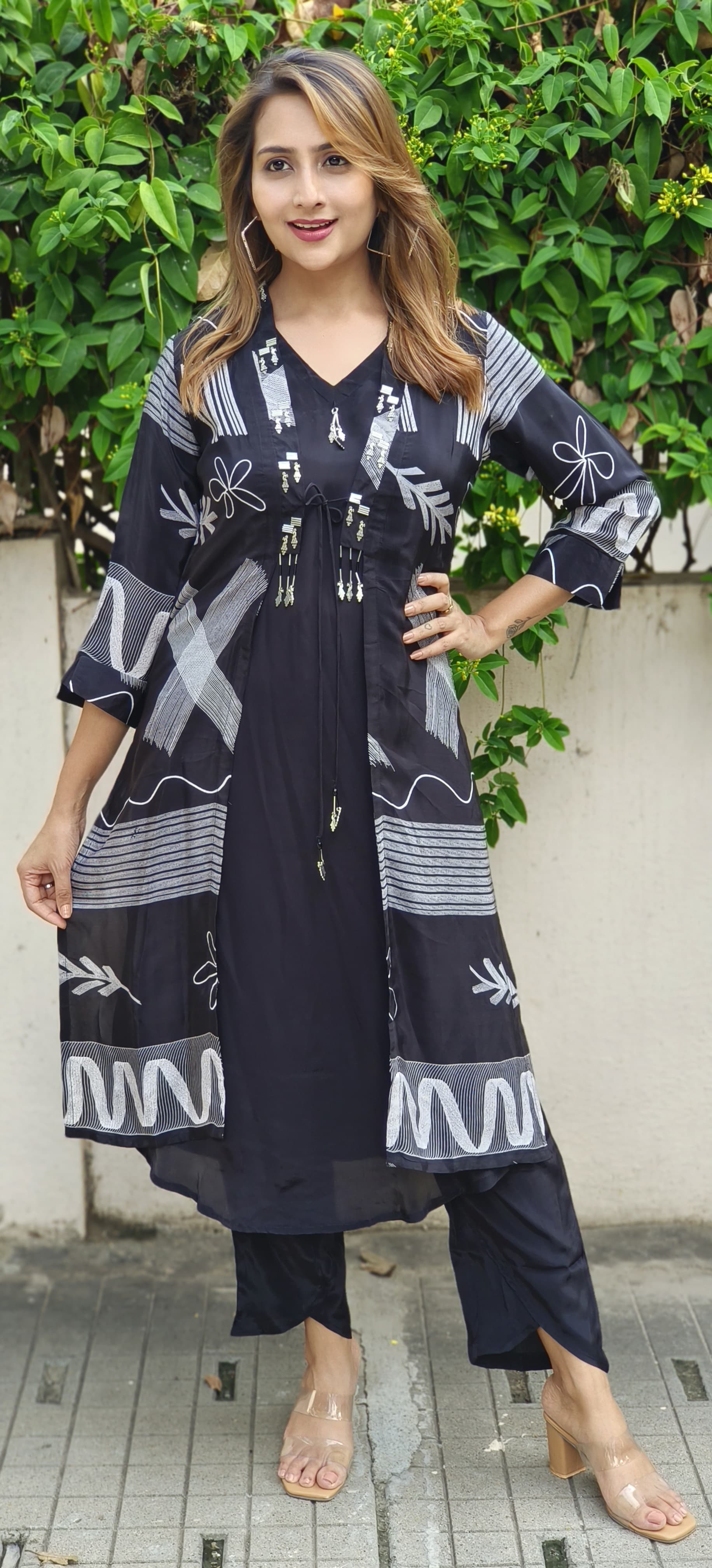 Printed Crape embroidered long top with pant and Shrug DRY WASH -05530