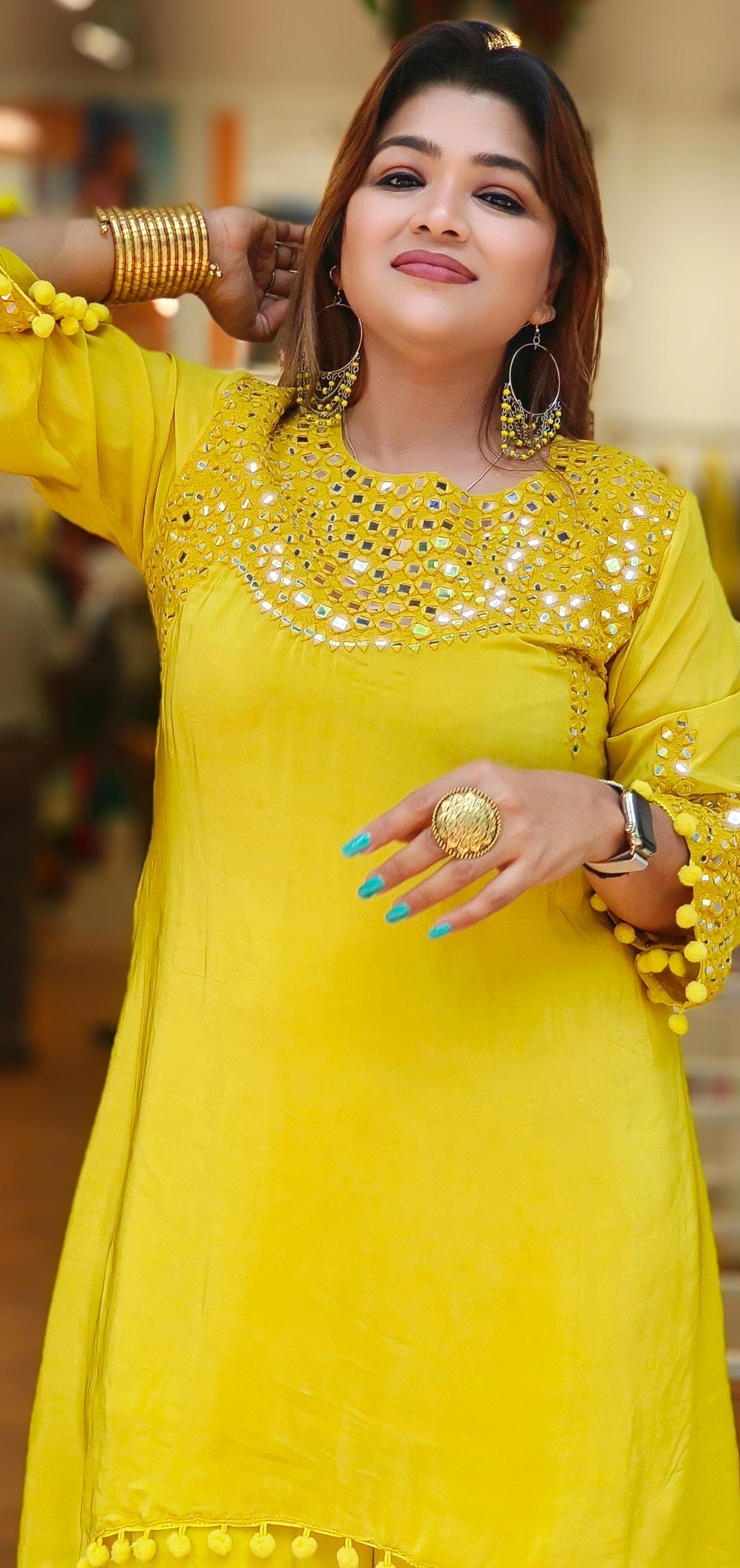 Stylish Indowestern Yellow Real Mirror Embroiderd with Pompom Crape Top With Palazzo Set Dispatching after 25 Days-05761