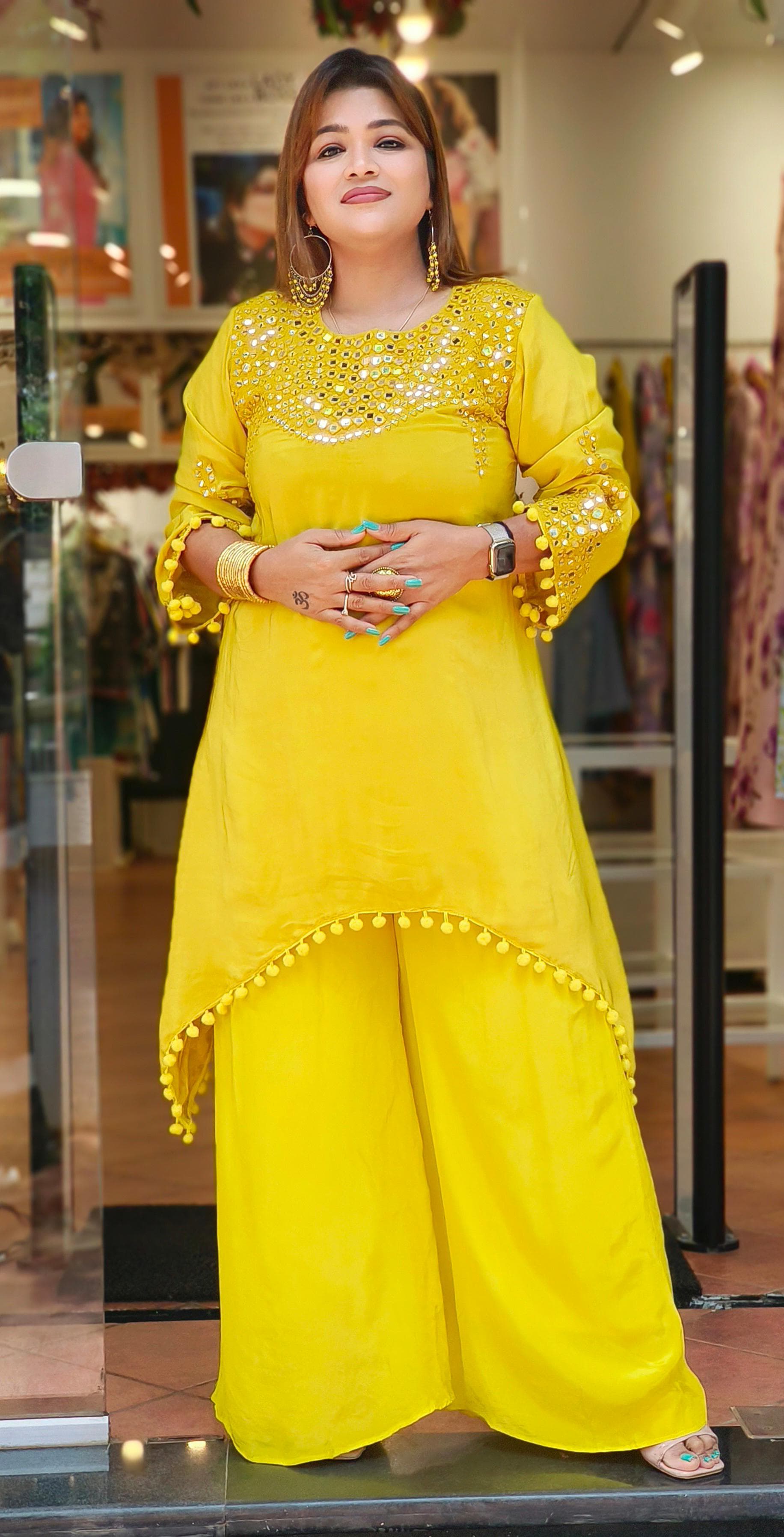 Stylish Indowestern Yellow Real Mirror Embroiderd with Pompom Crape Top With Palazzo Set Dispatching after 25 Days-05761