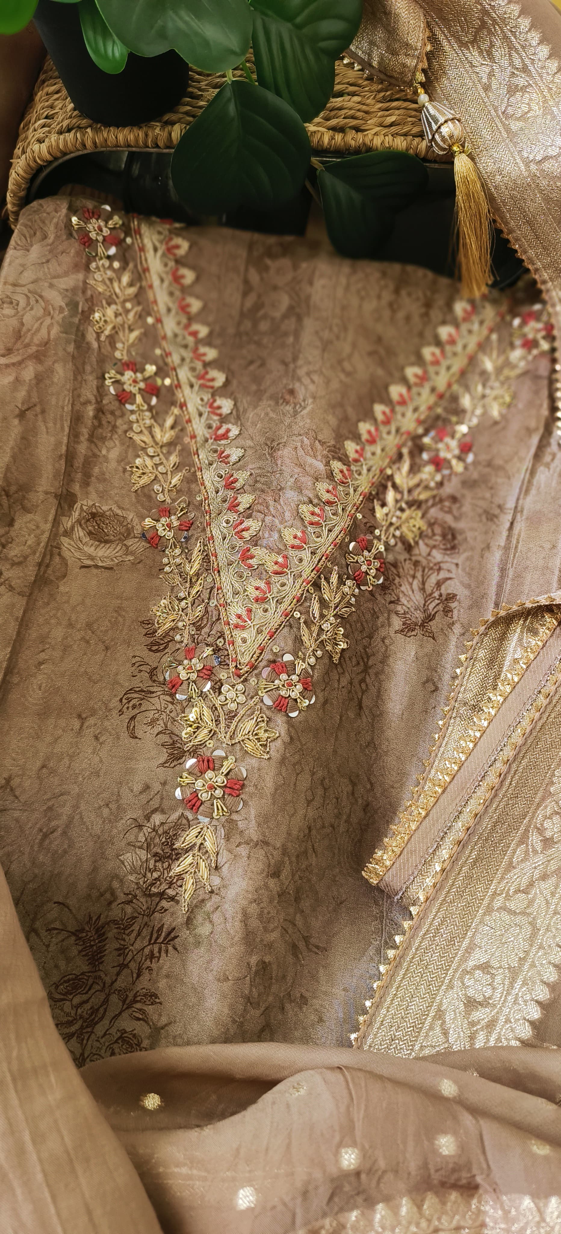 Beautiful Floral Crape Zardosi embroidered Unstitched full suit with Organza Brocade dupatta Dress material -00057