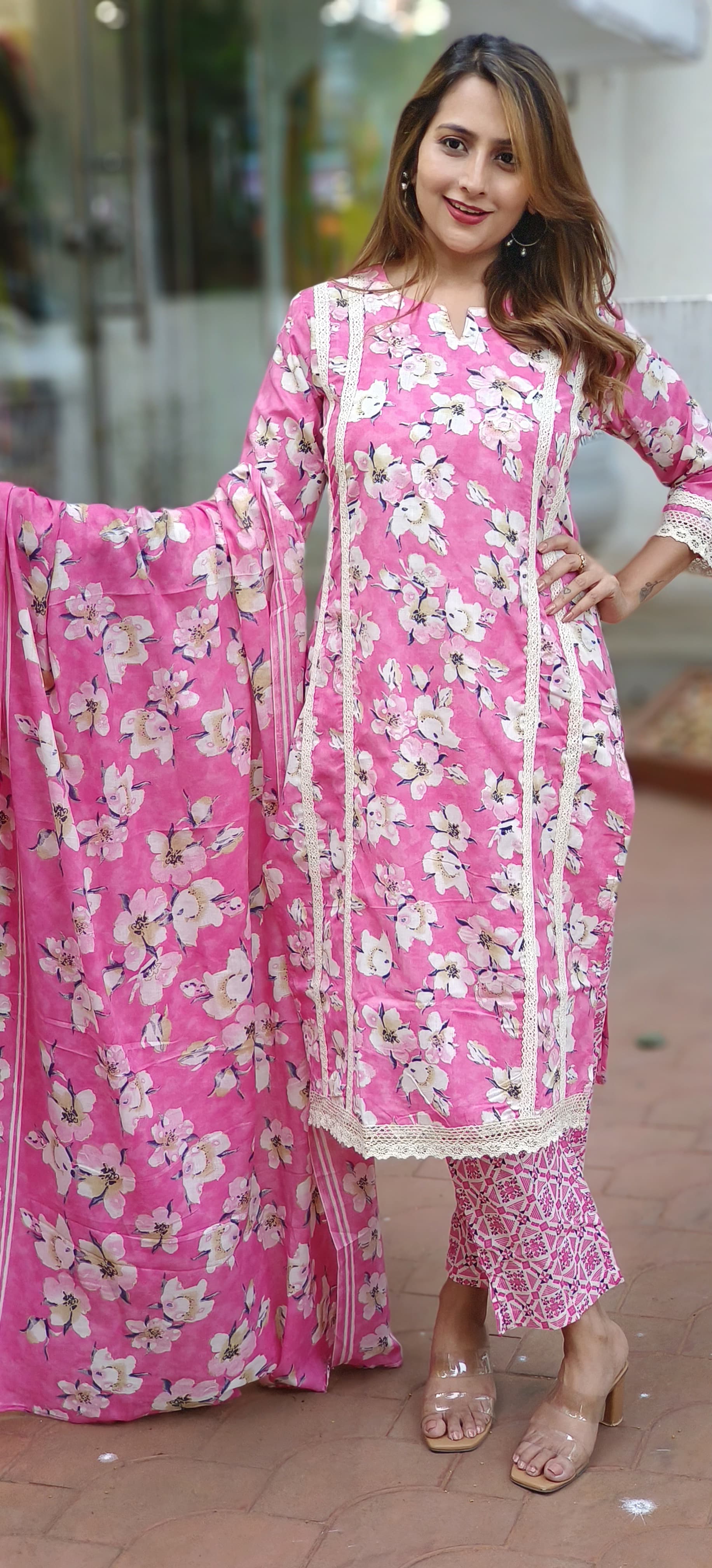 Beautiful summer cotton floral printed Embroidered Full Suit Set-05708-707