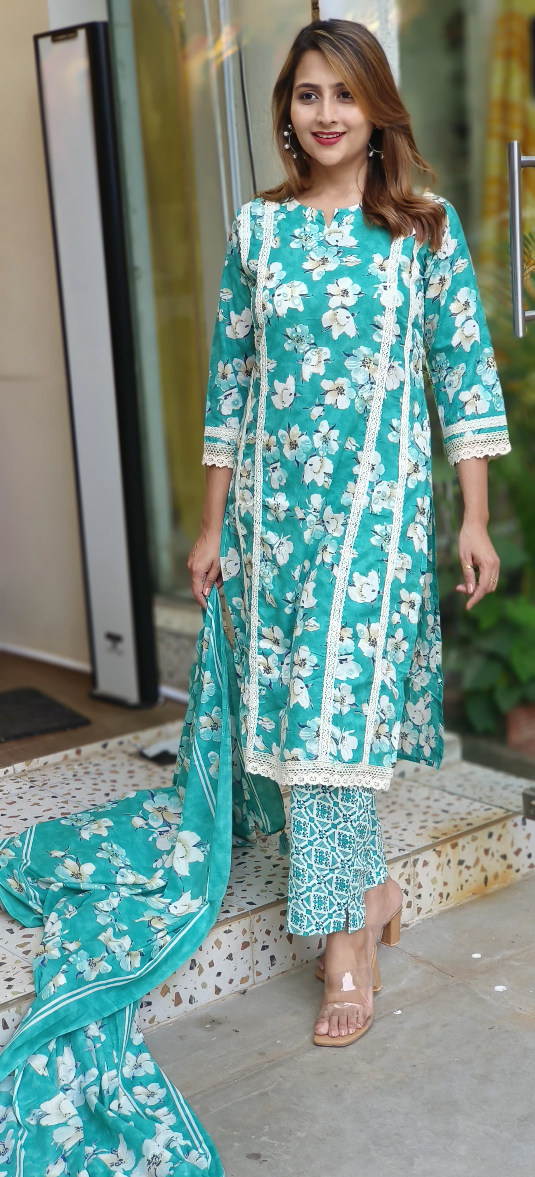 Beautiful summer cotton floral printed Embroidered Full Suit Set-05708-707