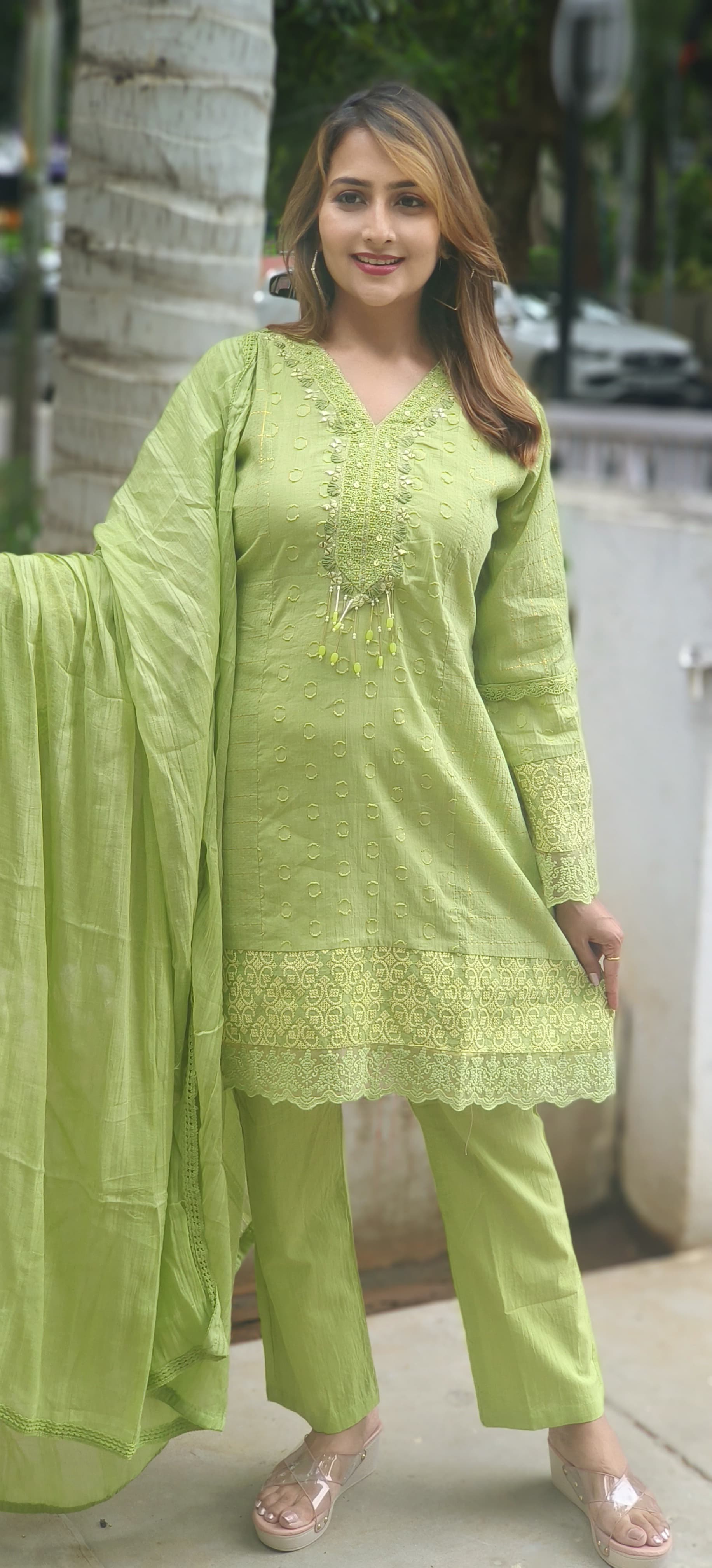 Stylish Bell Sleeves Beautiful Cotton embroidery Full Suit ( Set of 3)05748