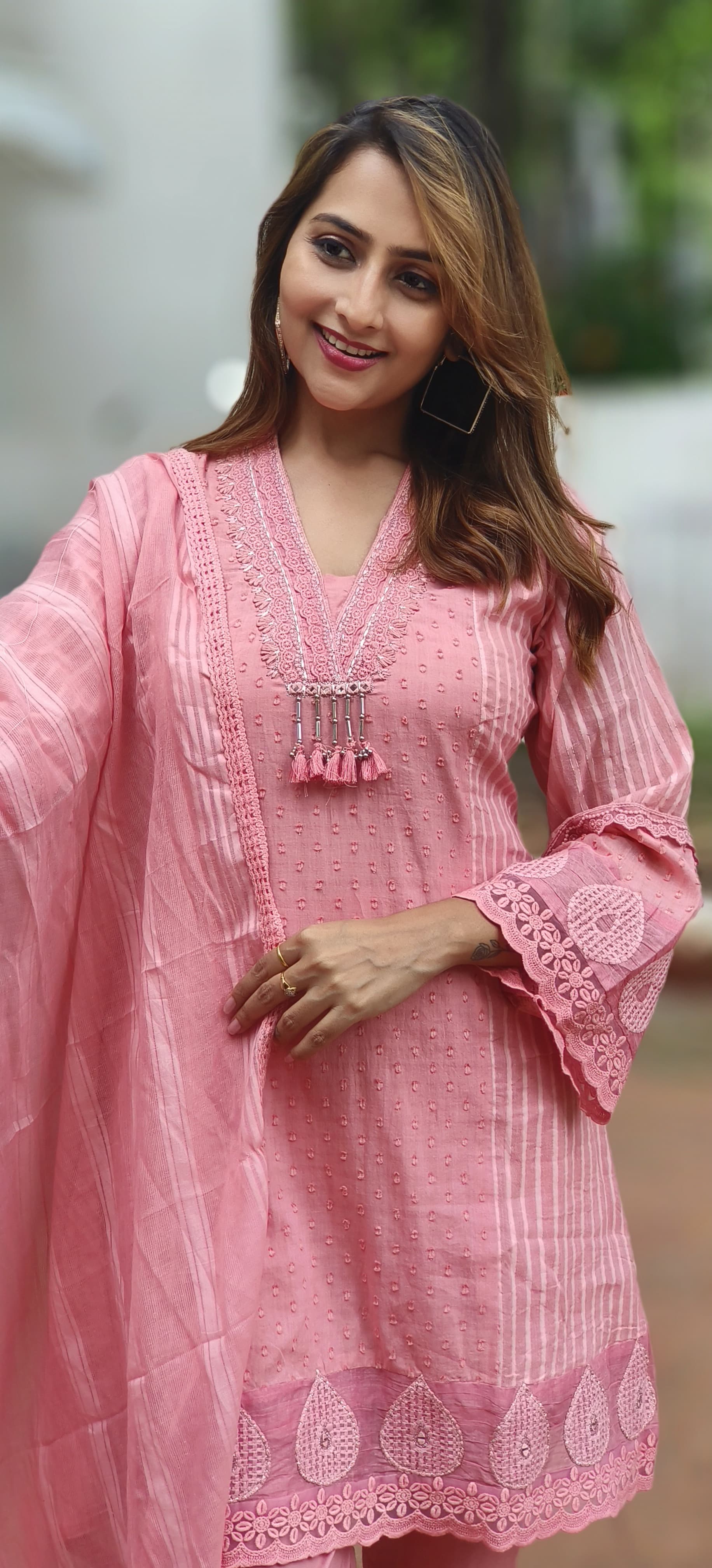 Beautiful Pink Cotton embroidery short kurta with pant Suit ( Set of 3)-05749