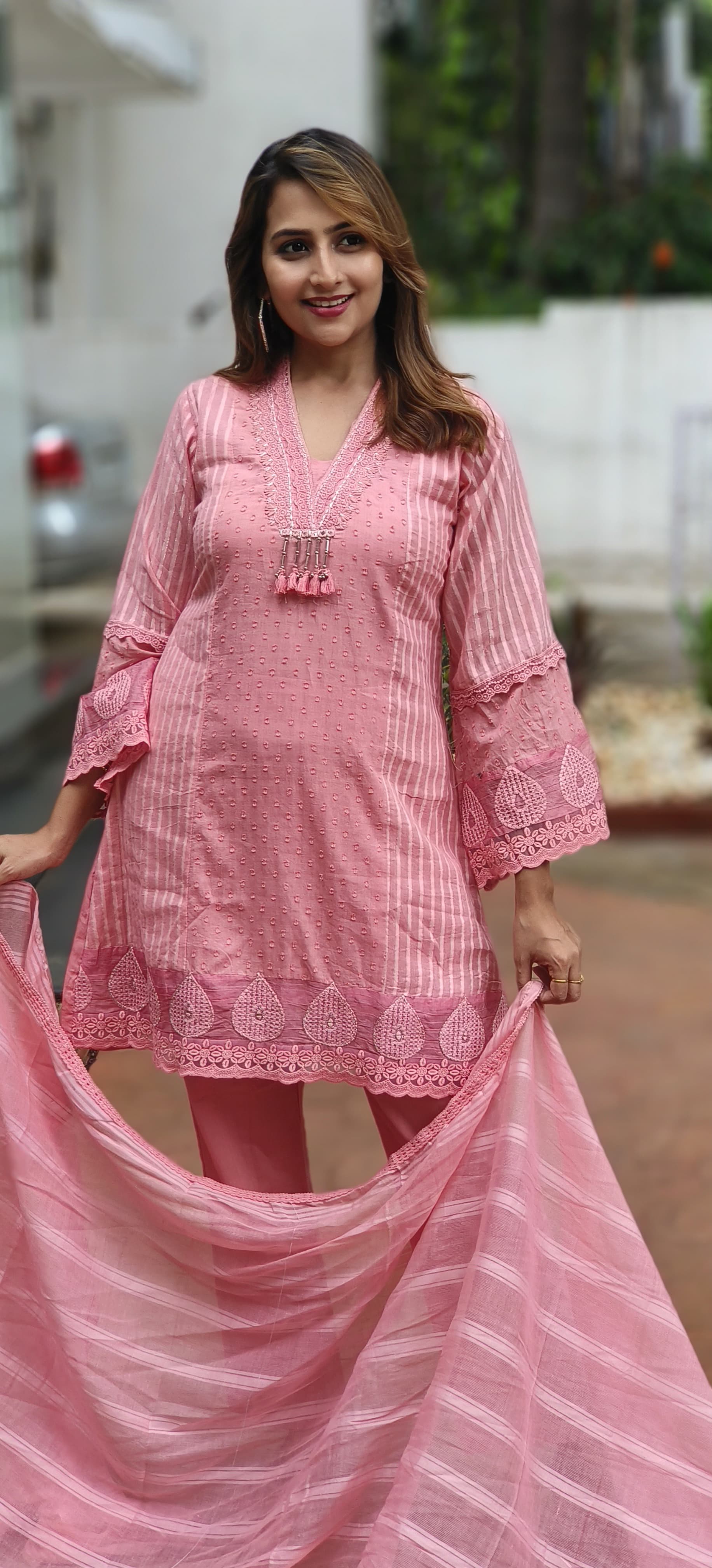 Beautiful Pink Cotton embroidery short kurta with pant Suit ( Set of 3)-05749