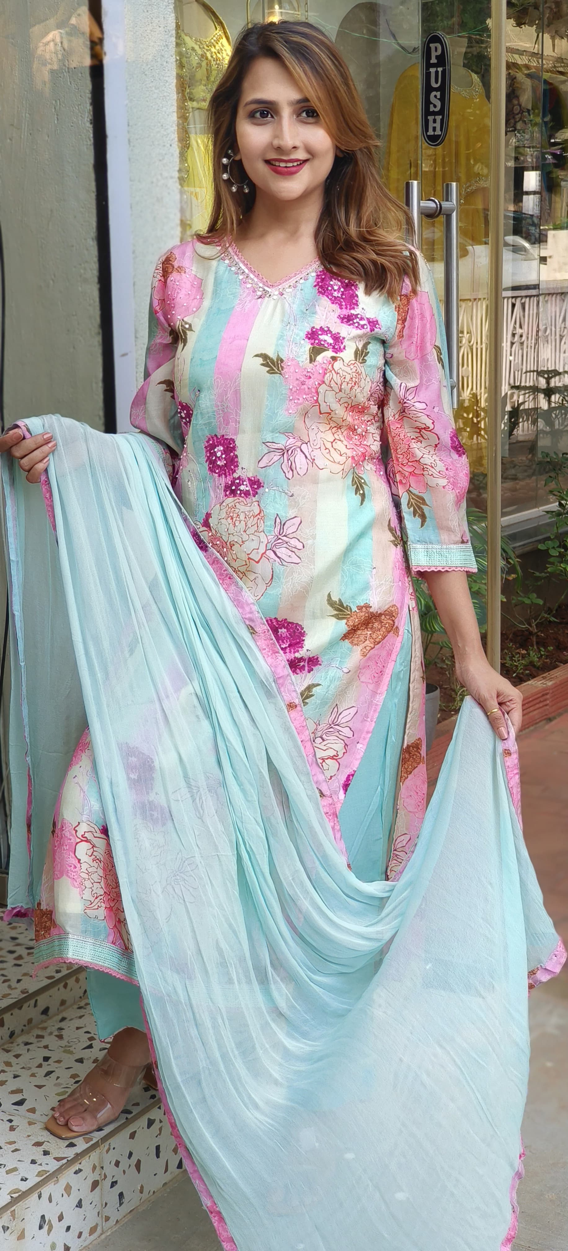 Crosia lace Embroidered Neck Colourful Muslin Floral Print Full suit Set with Muslin Dupatta-05486