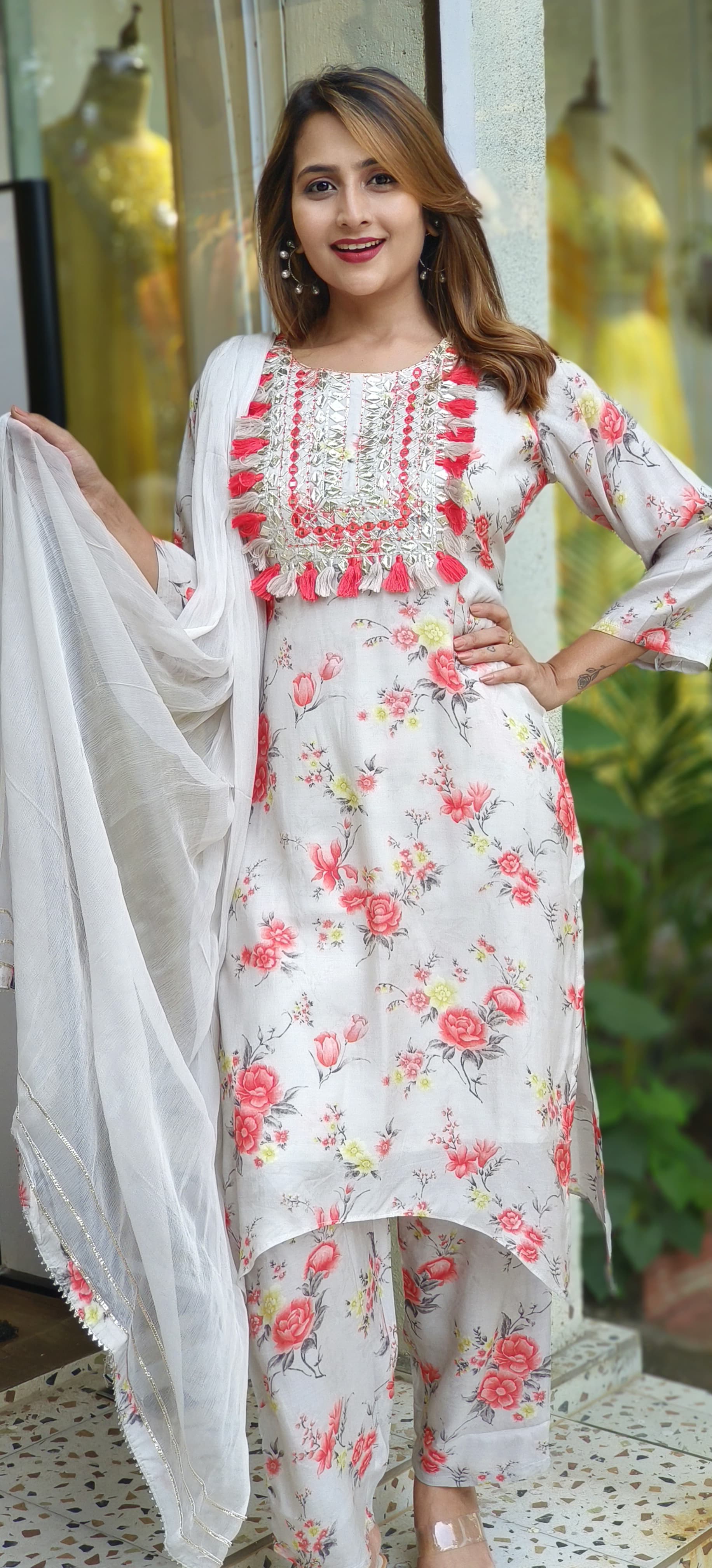 Muslin Floral embroidered Neck Full suit Set with Dupatta-05350