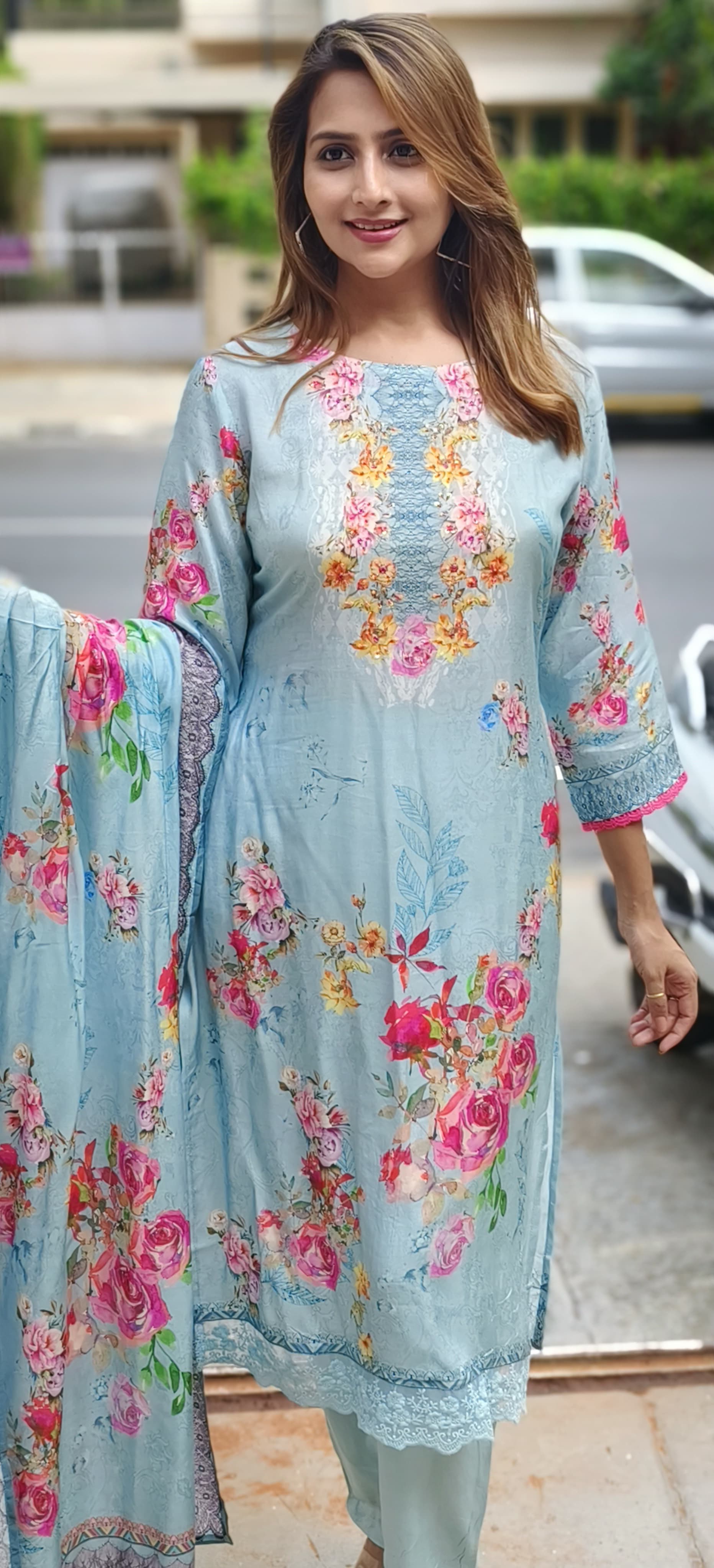 Ice Blue Muslin  Floral Print Full suit Set with Muslin Dupatta-03442