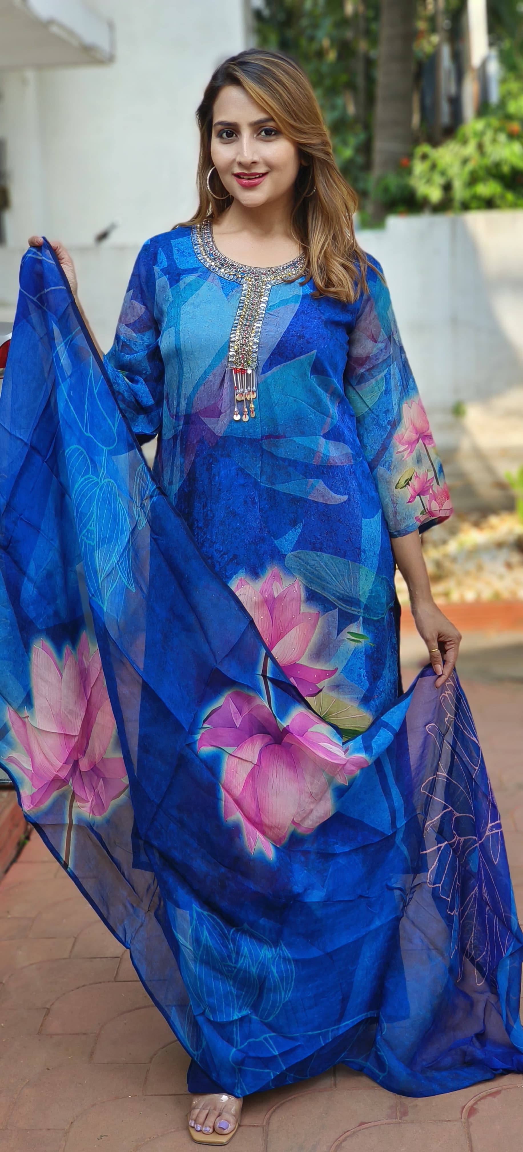 Peacock Blue Organza Floral Print Full suit Set with  Dupatta-05295