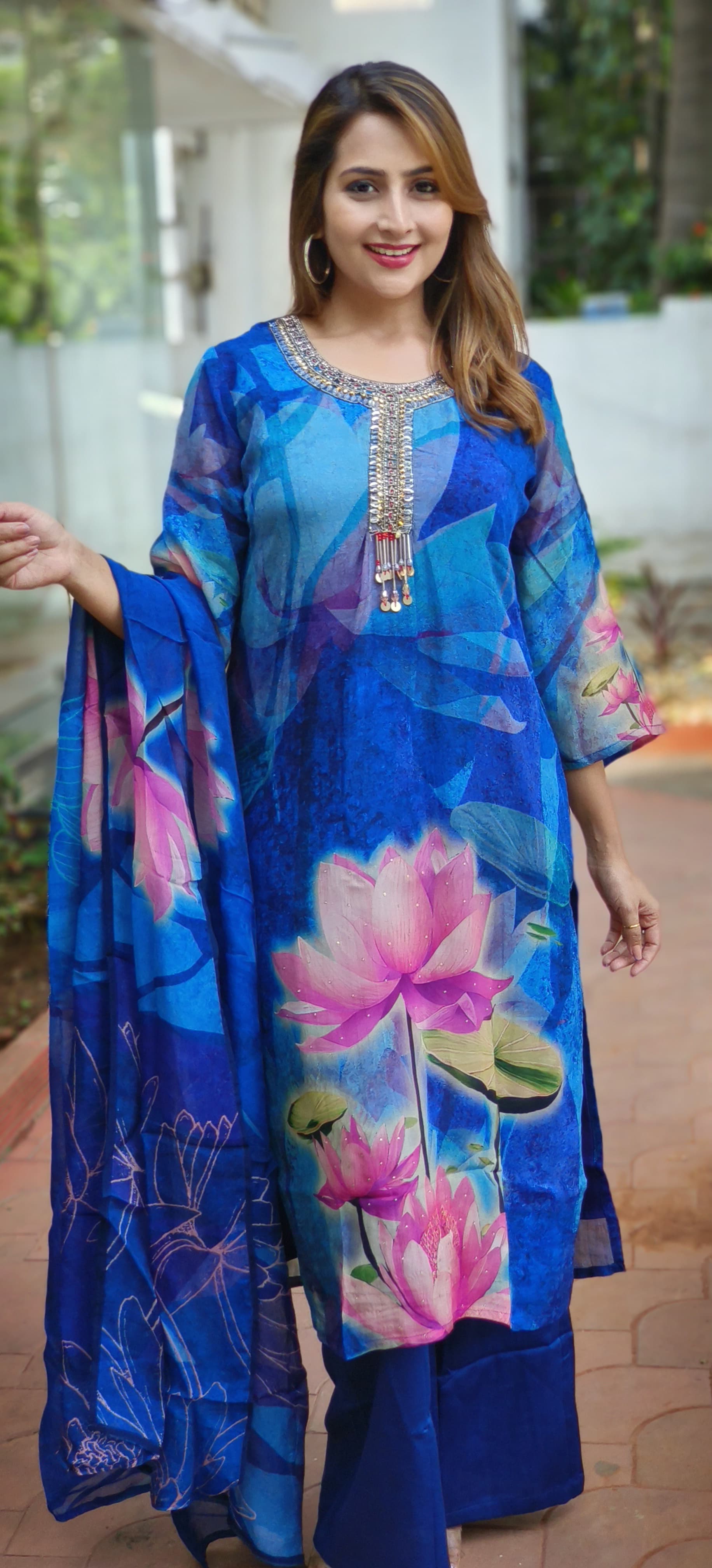 Peacock Blue Organza Floral Print Full suit Set with  Dupatta-05295