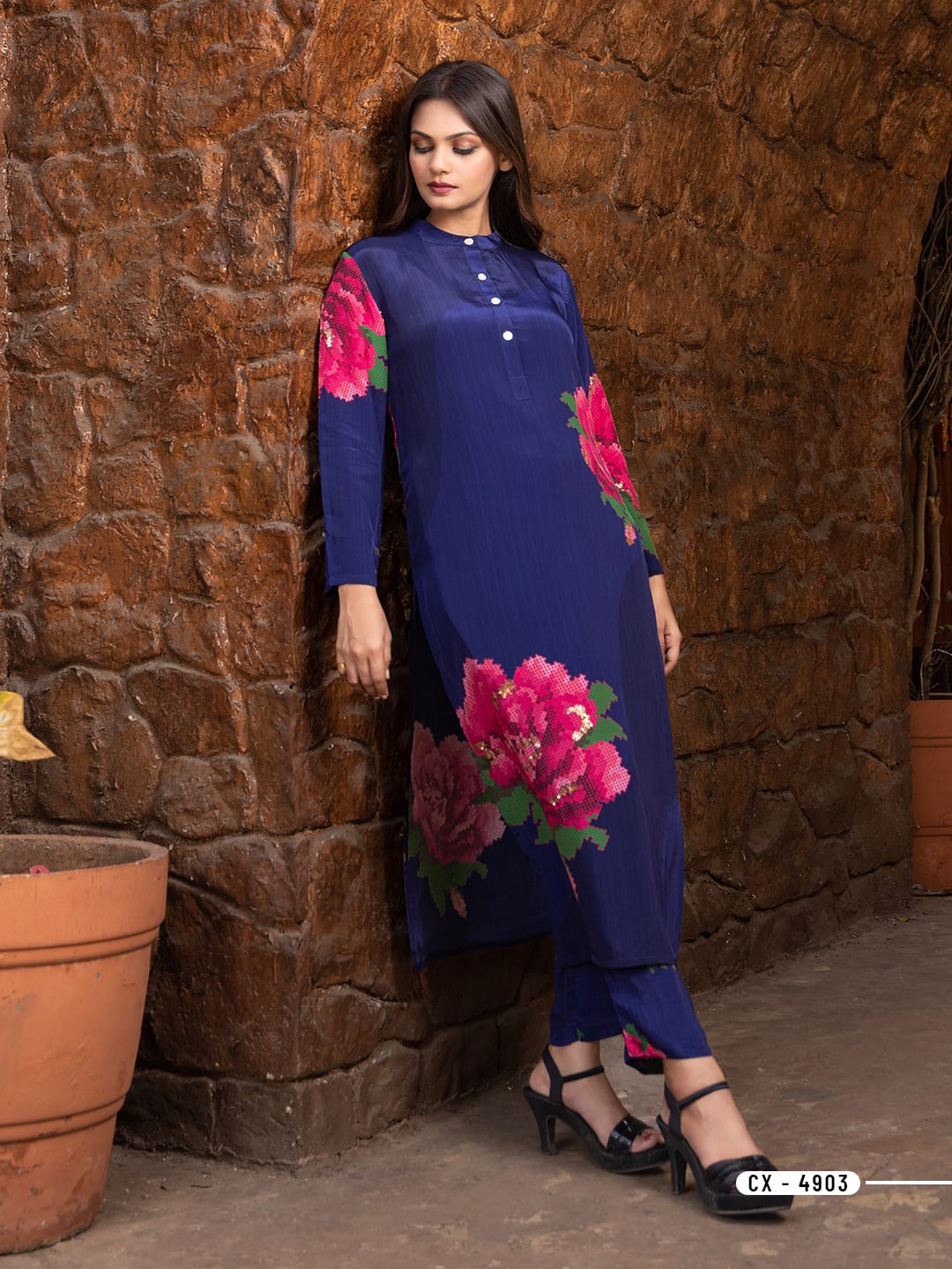 Beautiful Blue Pure Crape Thread embroidery neck kurta pant set of-2 DRY WASH-0 (Dispacthing after 15 days)