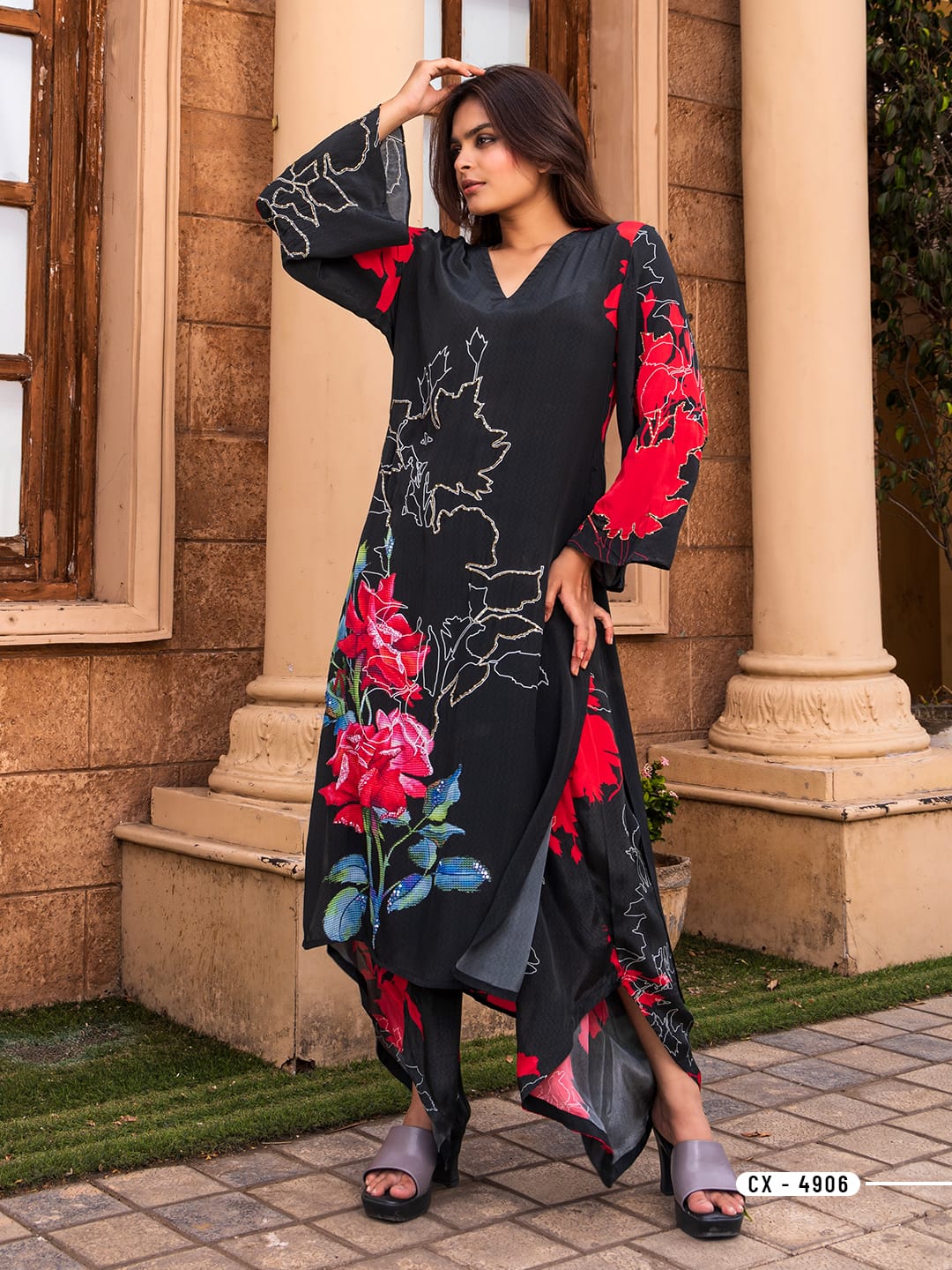 Beautiful floral printed crape V-neck kurta high and low pant set of-2 DRY WASH-0  (Dispacthing after 15 days)