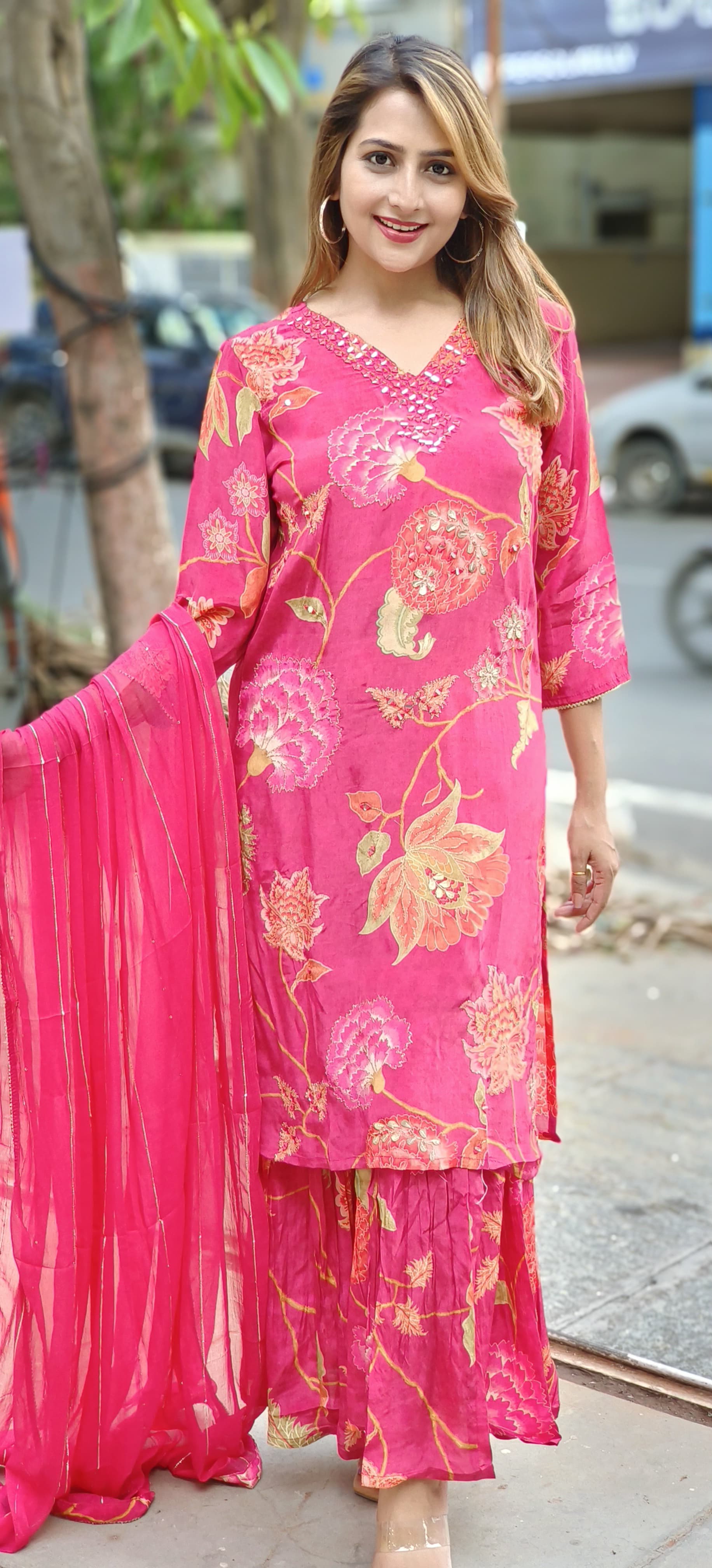 Beautiful floral print real mirror V-neck full set with sharara and dupatta  DRY WASH-05333-32