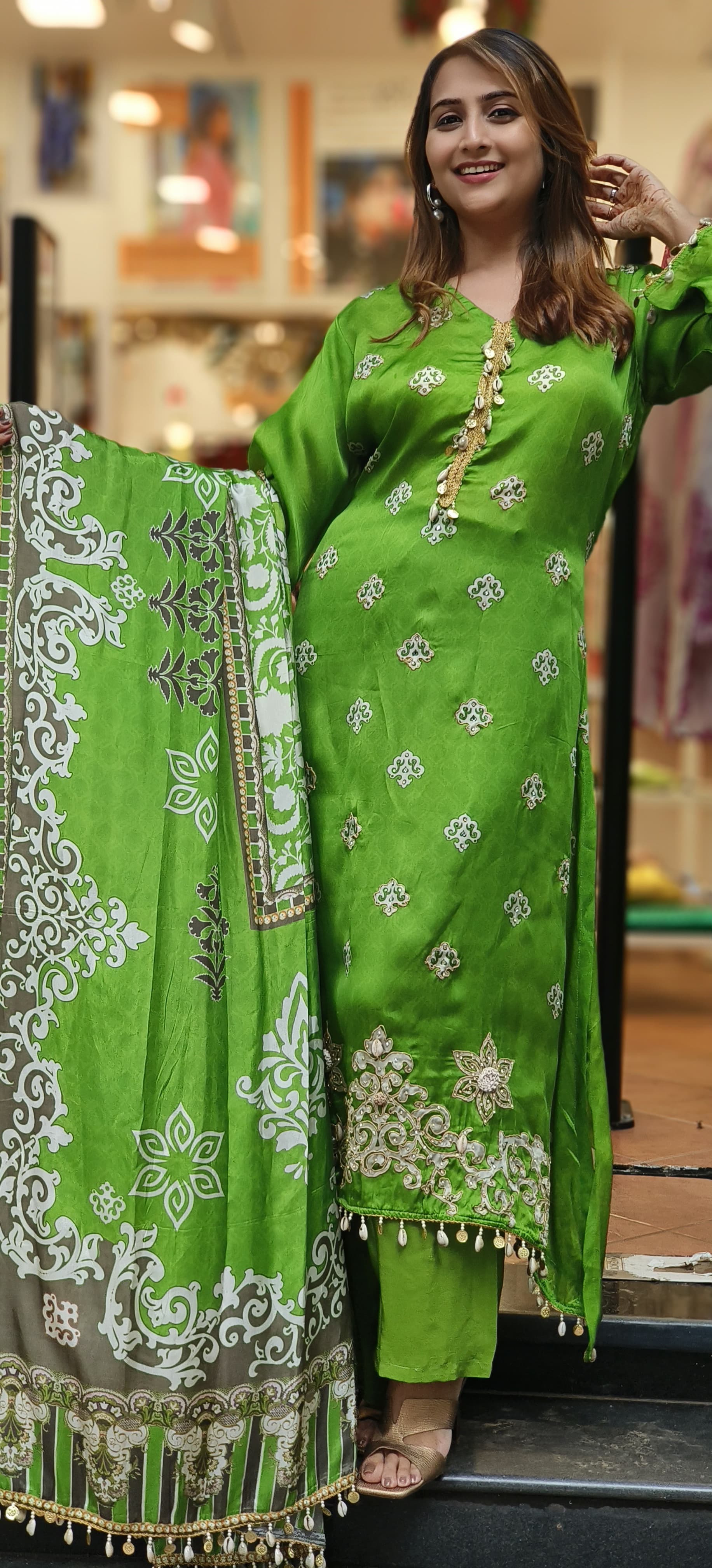 Gajji Silk Embroidered kurta with pant set and beautiful Printed Gajji Silk dupatta DRY WASH-06036