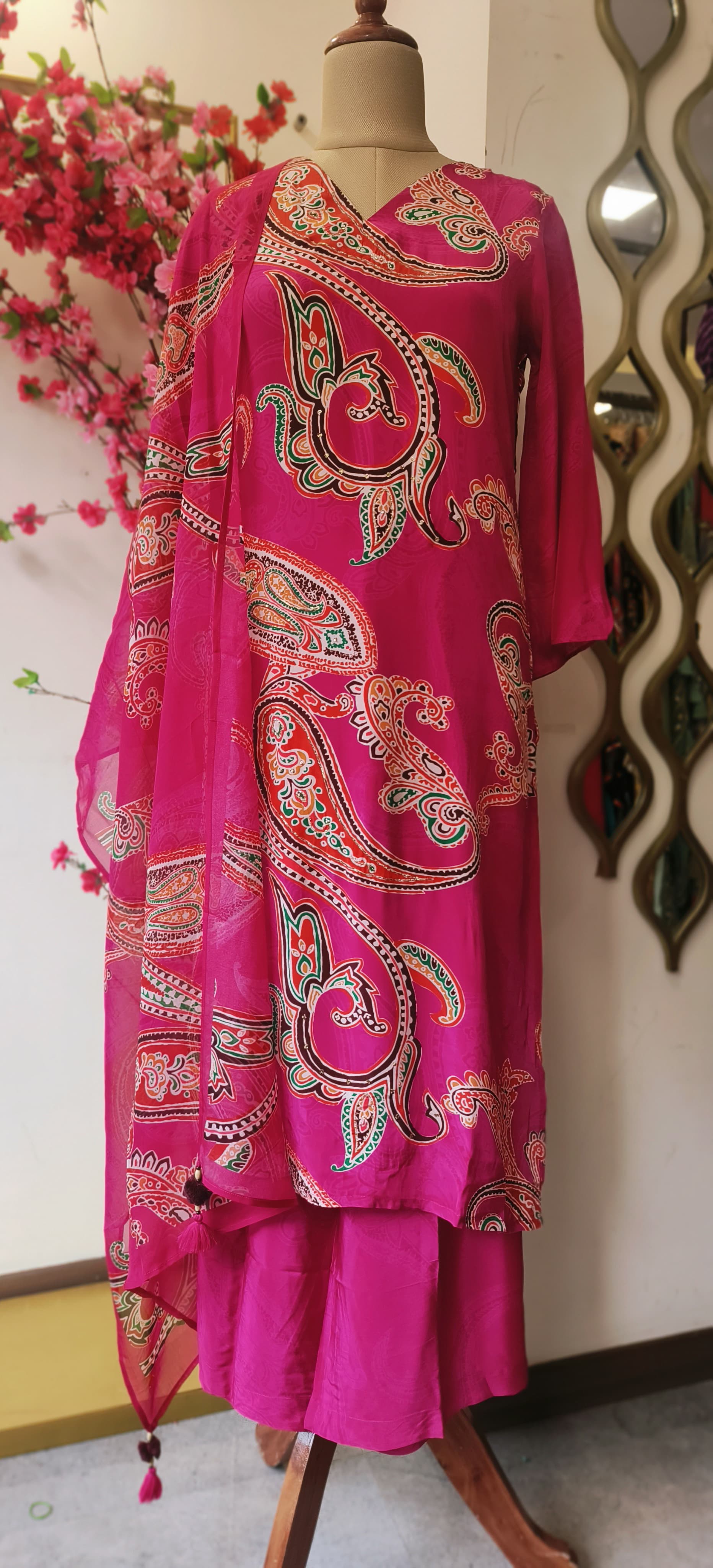 Pure Crape Beautiful Floral Print kurta with Loose Palazoo Pant And Short Scarf Dupatta DRY WASH-06113