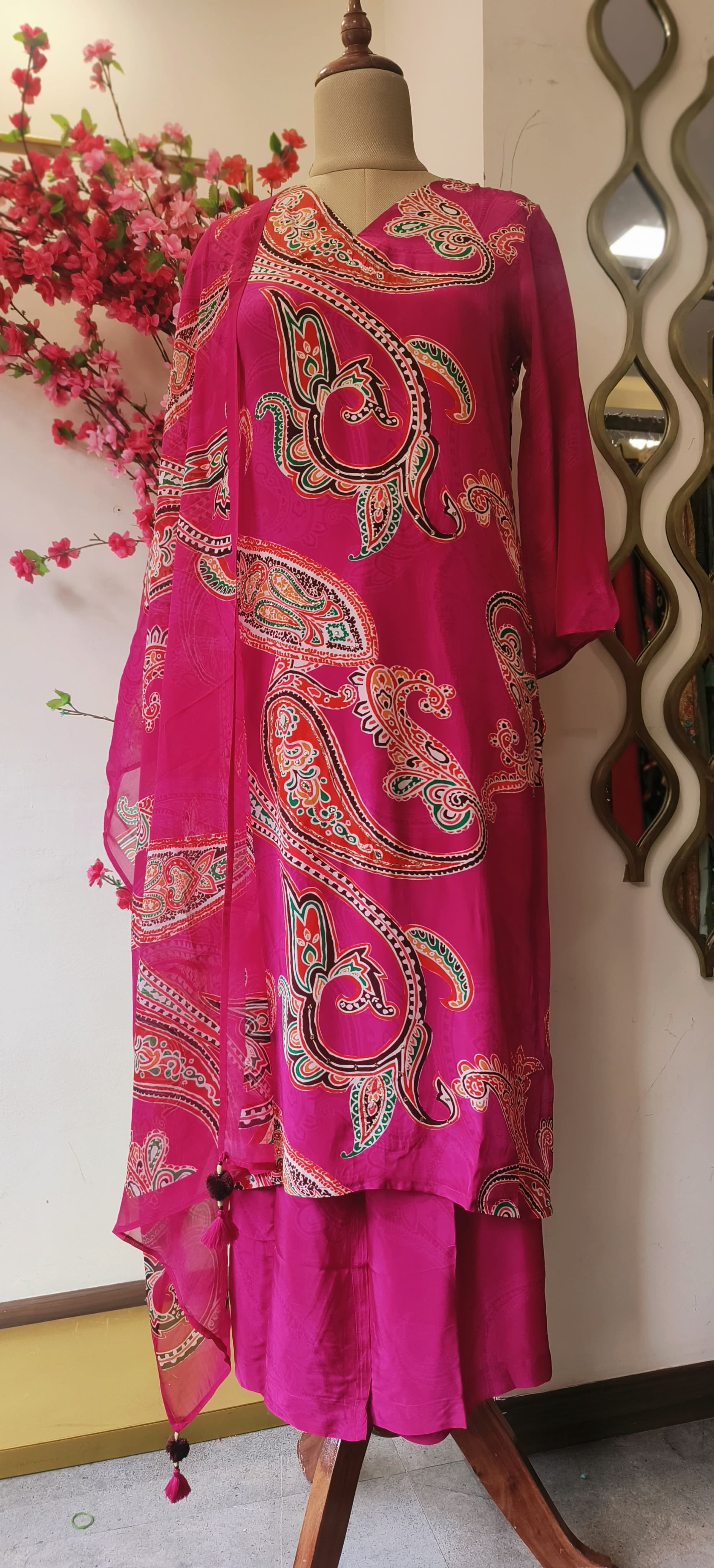 Pure Crape Beautiful Floral Print kurta with Loose Palazoo Pant And Short Scarf Dupatta DRY WASH-06113