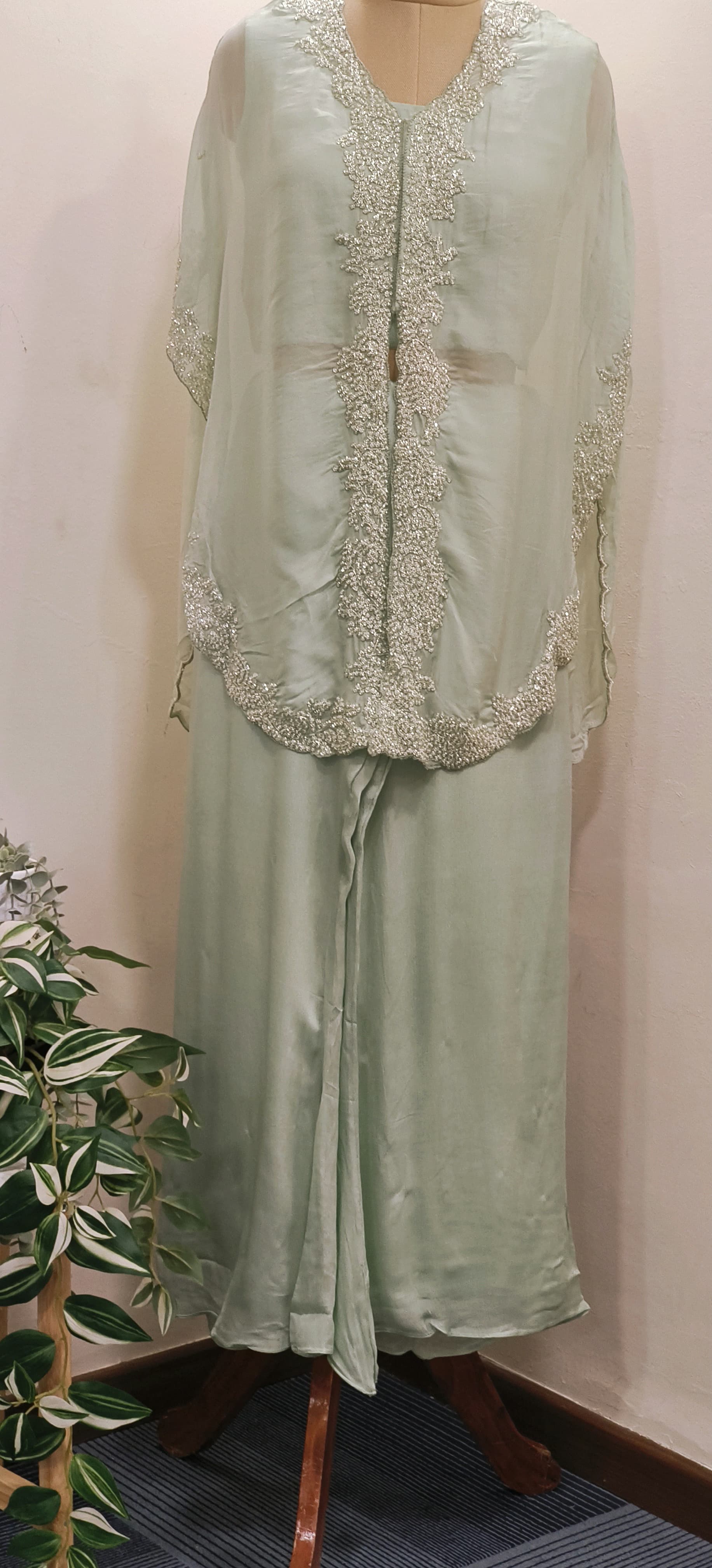 Pure Chinon Pearl And Cut Dana Embroidery Jacket With Palazzo Pant -06205