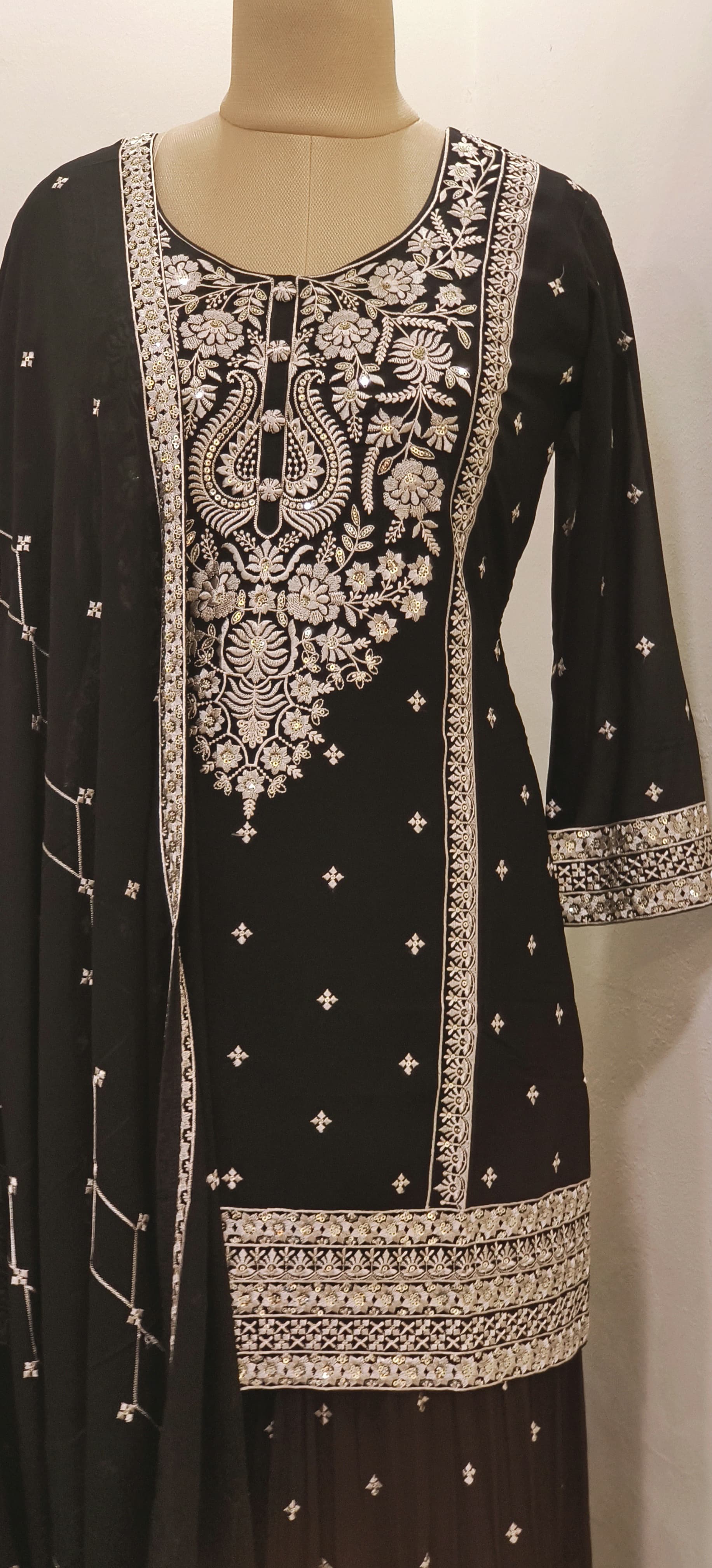 Semi Georgette Thread Embroidery Kurta With Gharara Embroidery Palazzo And Chiffon Dupatta-06211