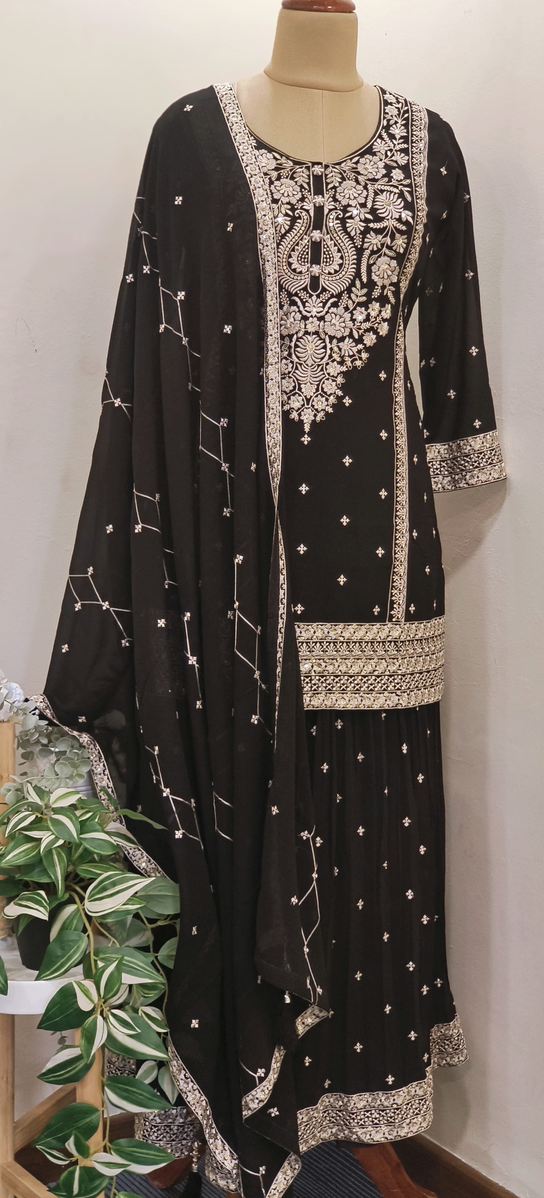 Semi Georgette Thread Embroidery Kurta With Gharara Embroidery Palazzo And Chiffon Dupatta-06211