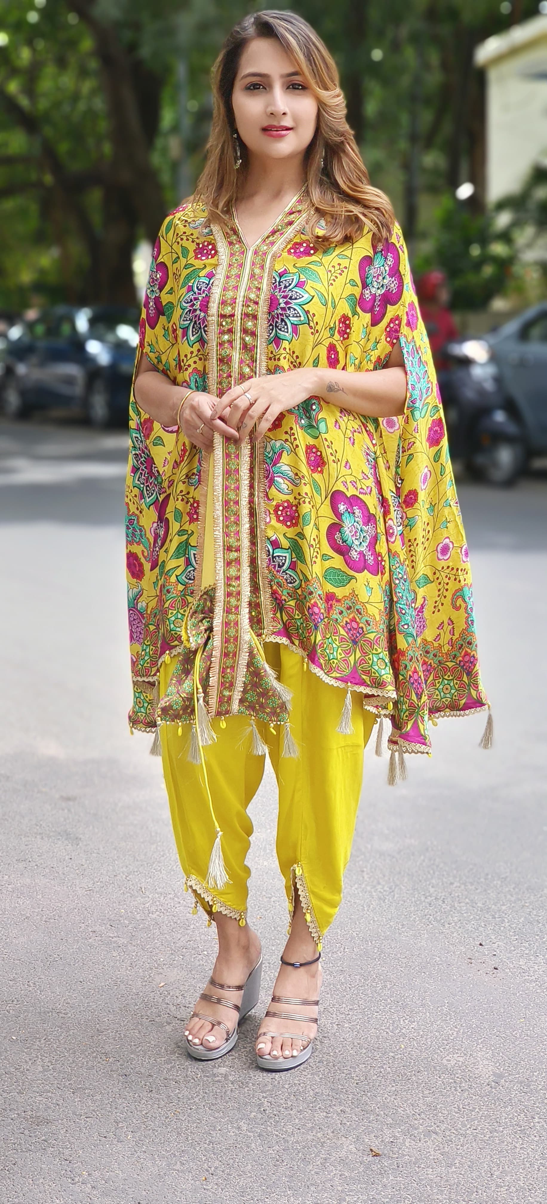 Printed V-neck Satin Silk Kaftan With Tulip Pants And Potali  Bags DRYWAS-06334-36