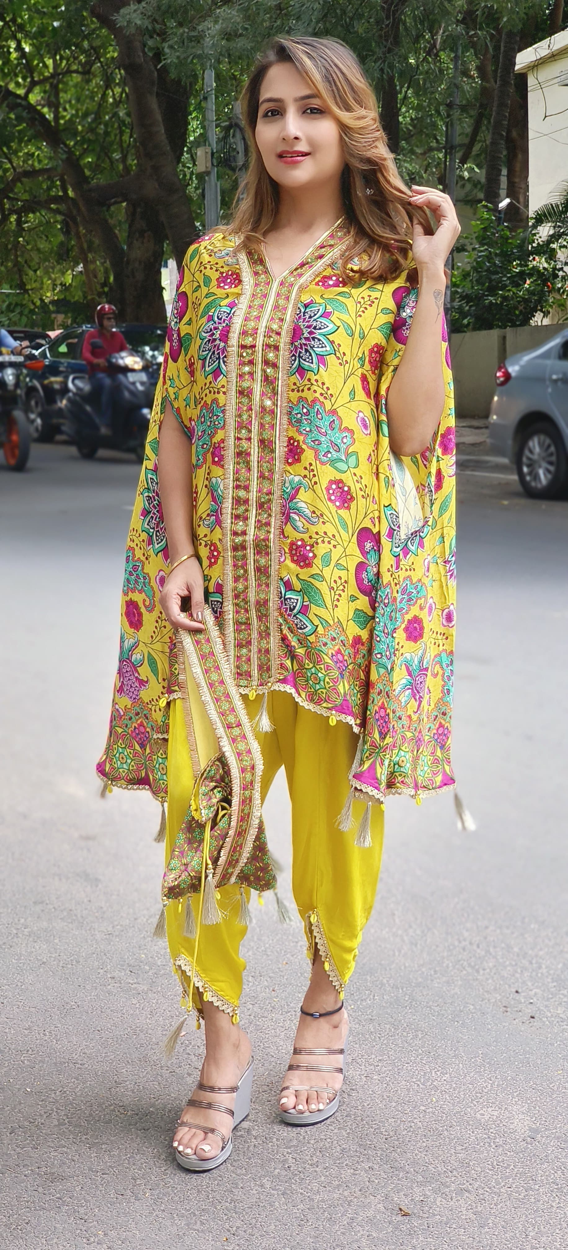 Printed V-neck Satin Silk Kaftan With Tulip Pants And Potali  Bags DRYWAS-06334-36