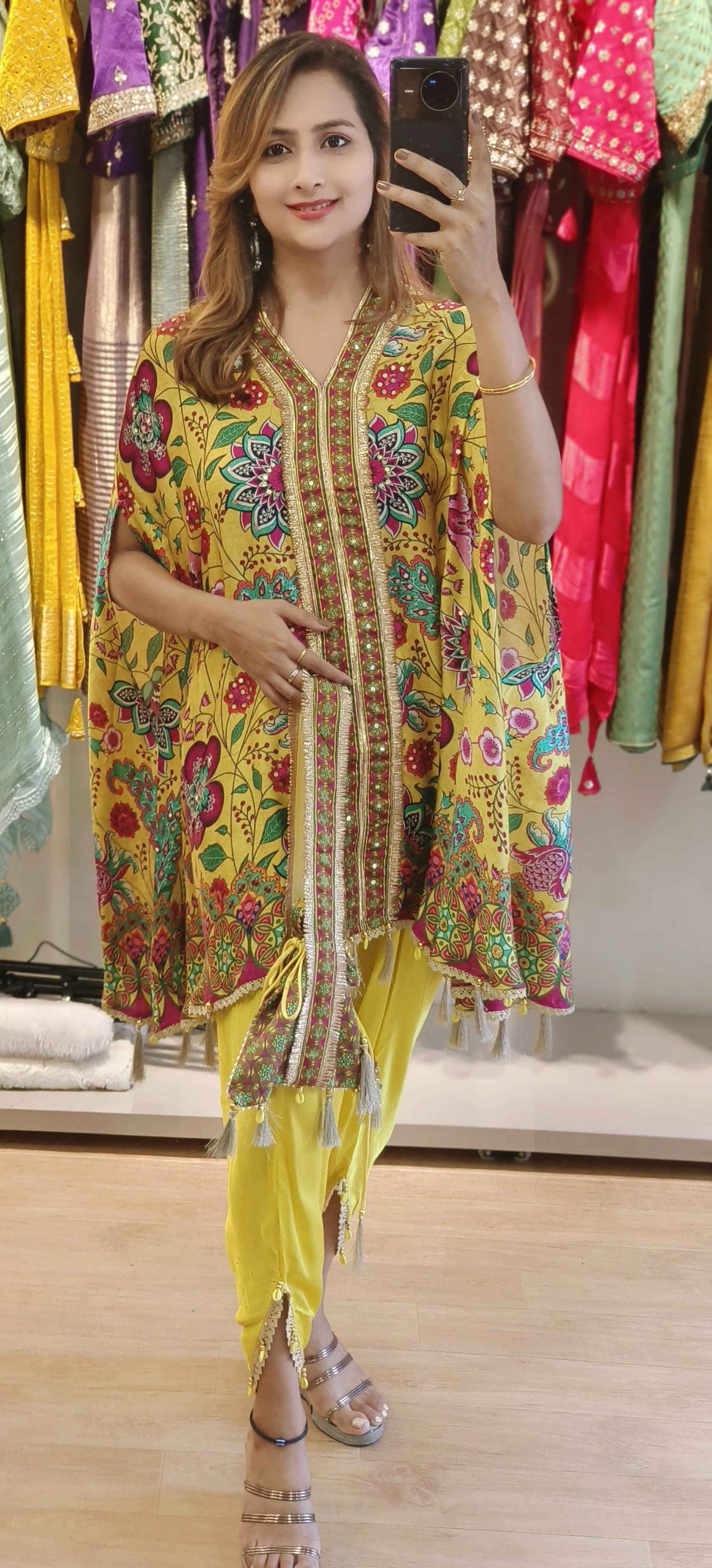 Printed V-neck Satin Silk Kaftan With Tulip Pants And Potali  Bags DRYWAS-06334-36