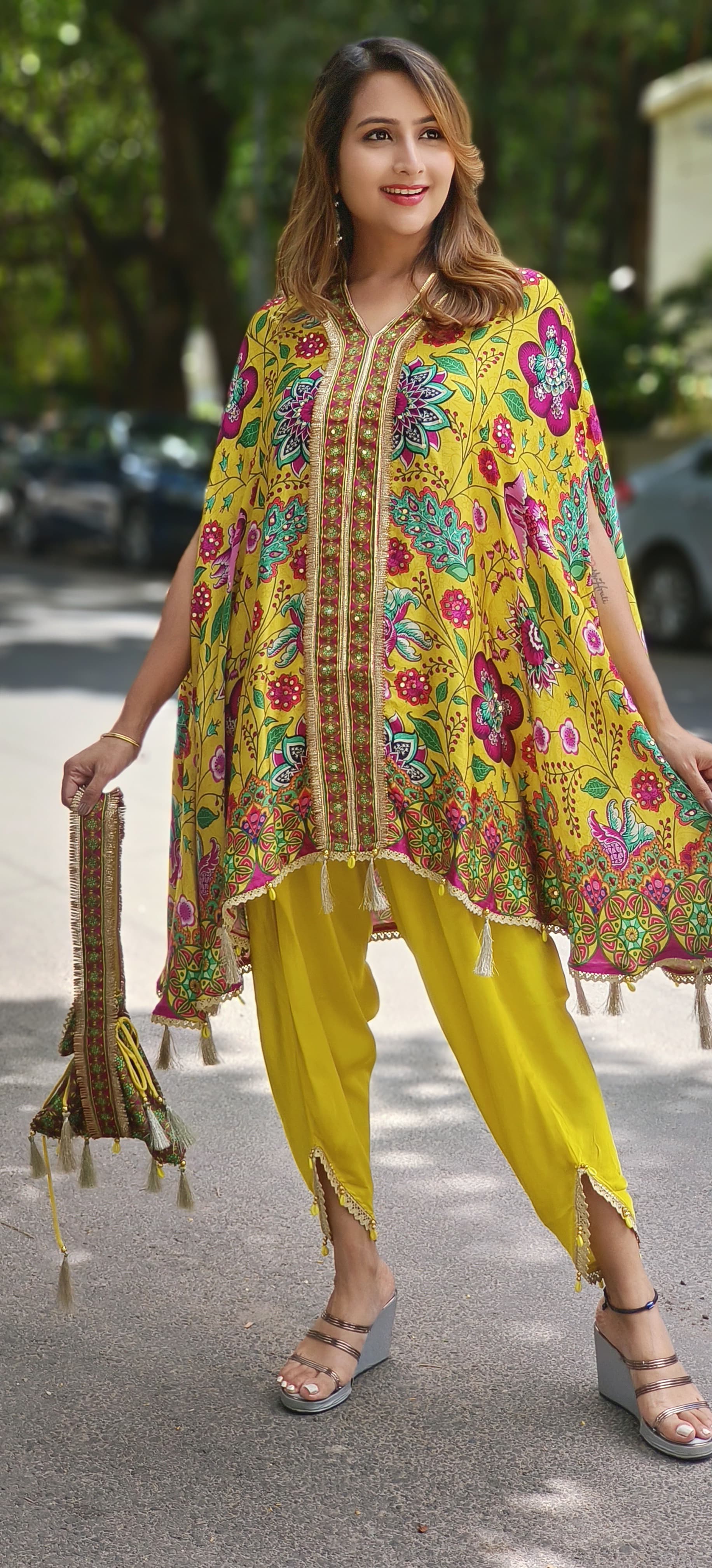 Printed V-neck Satin Silk Kaftan With Tulip Pants And Potali  Bags DRYWAS-06334-36