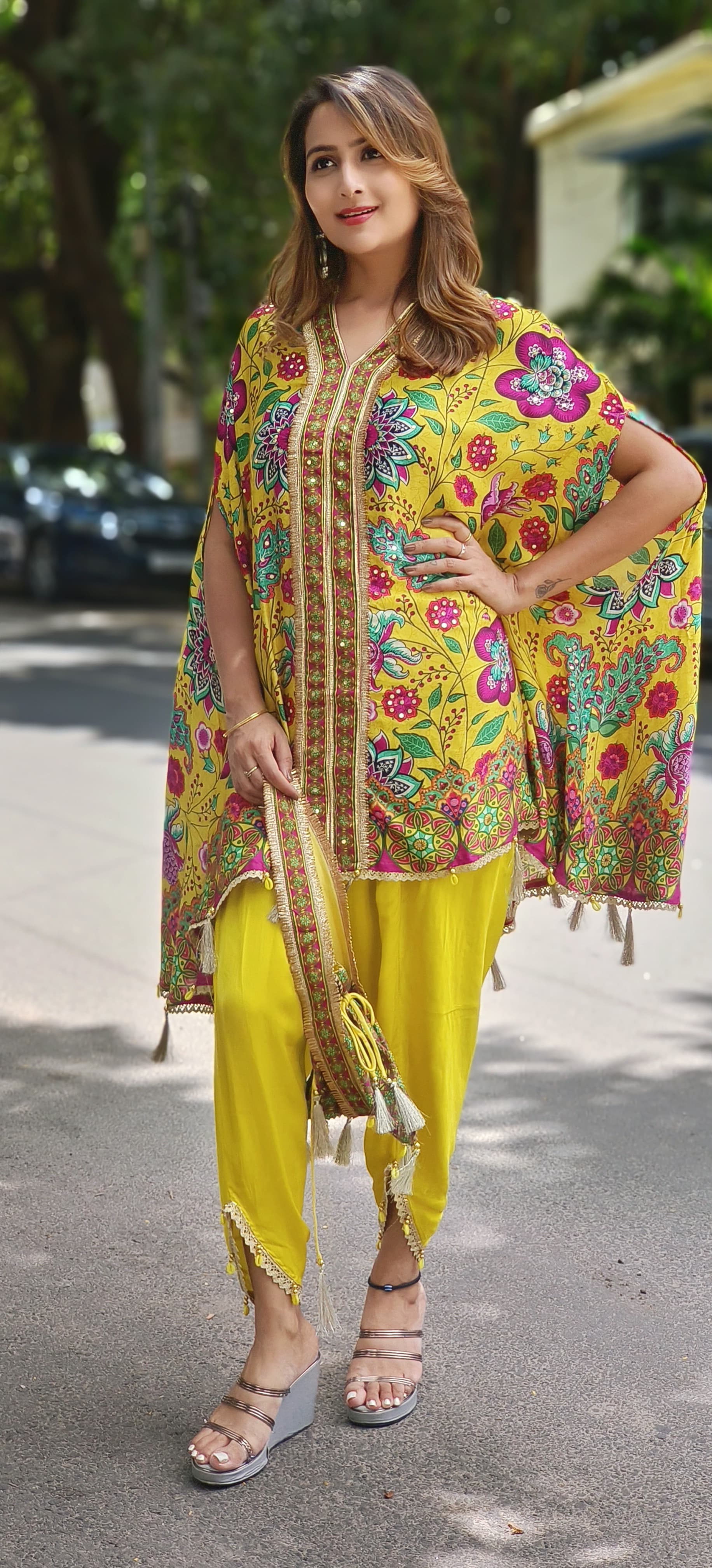 Printed V-neck Satin Silk Kaftan With Tulip Pants And Potali  Bags DRYWAS-06334-36