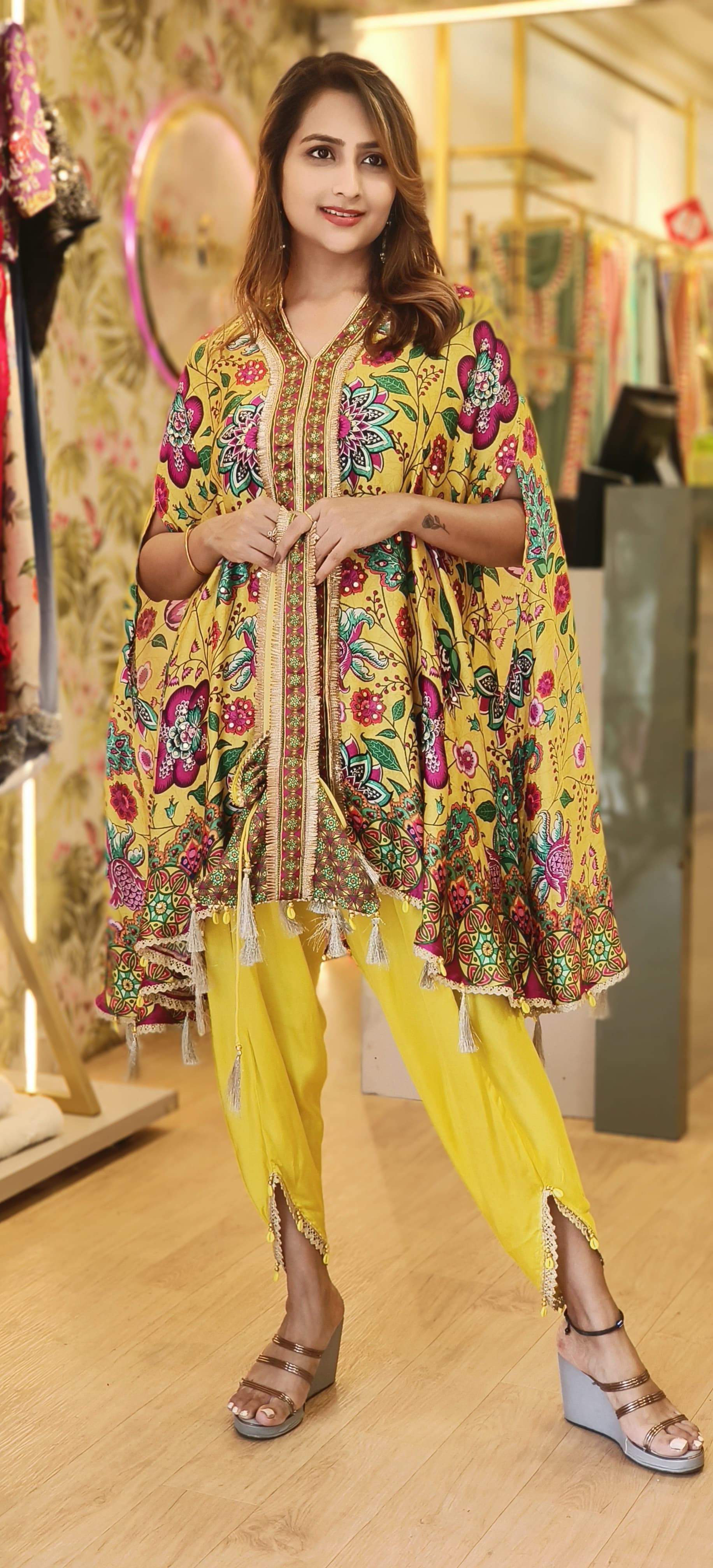 Printed V-neck Satin Silk Kaftan With Tulip Pants And Potali  Bags DRYWAS-06334-36