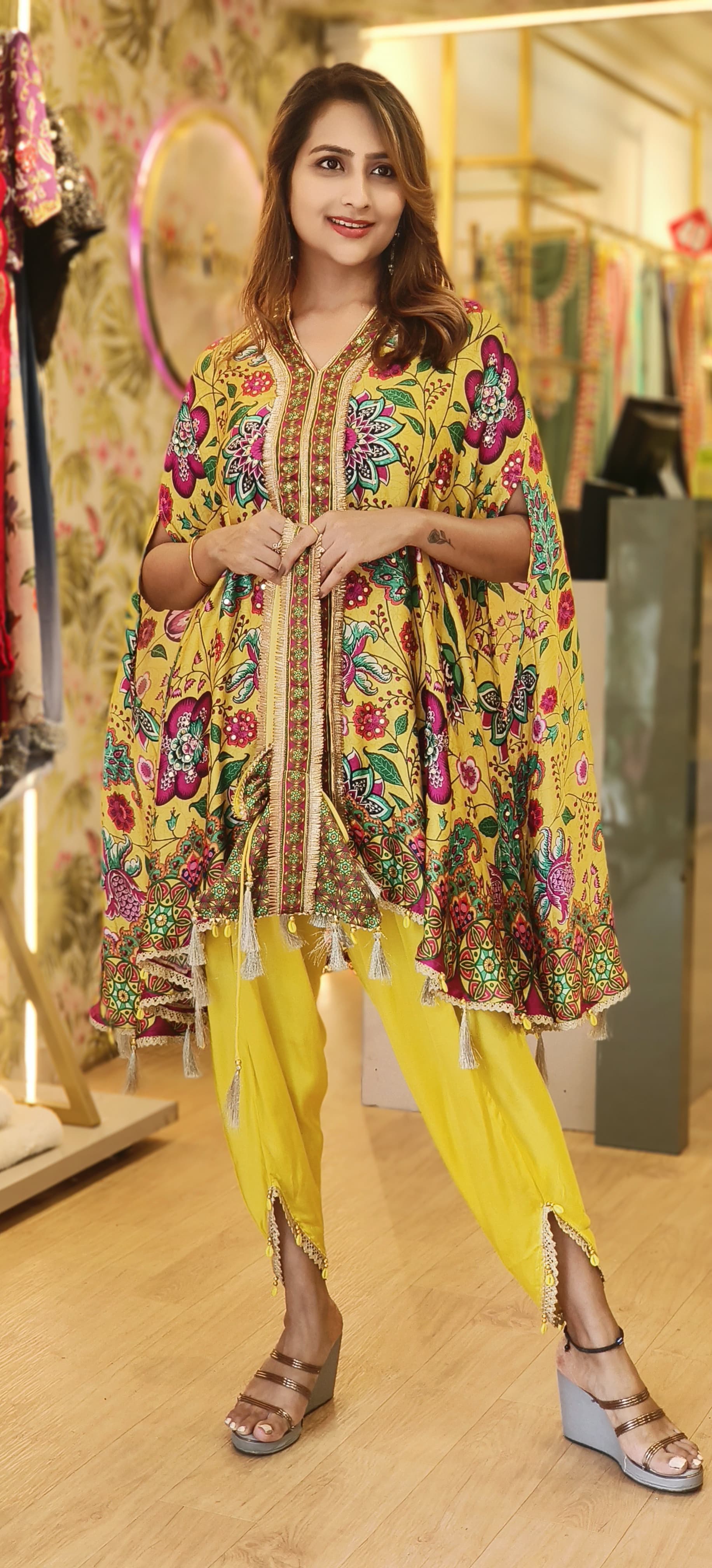 Printed V-neck Satin Silk Kaftan With Tulip Pants And Potali  Bags DRYWAS-06334-36