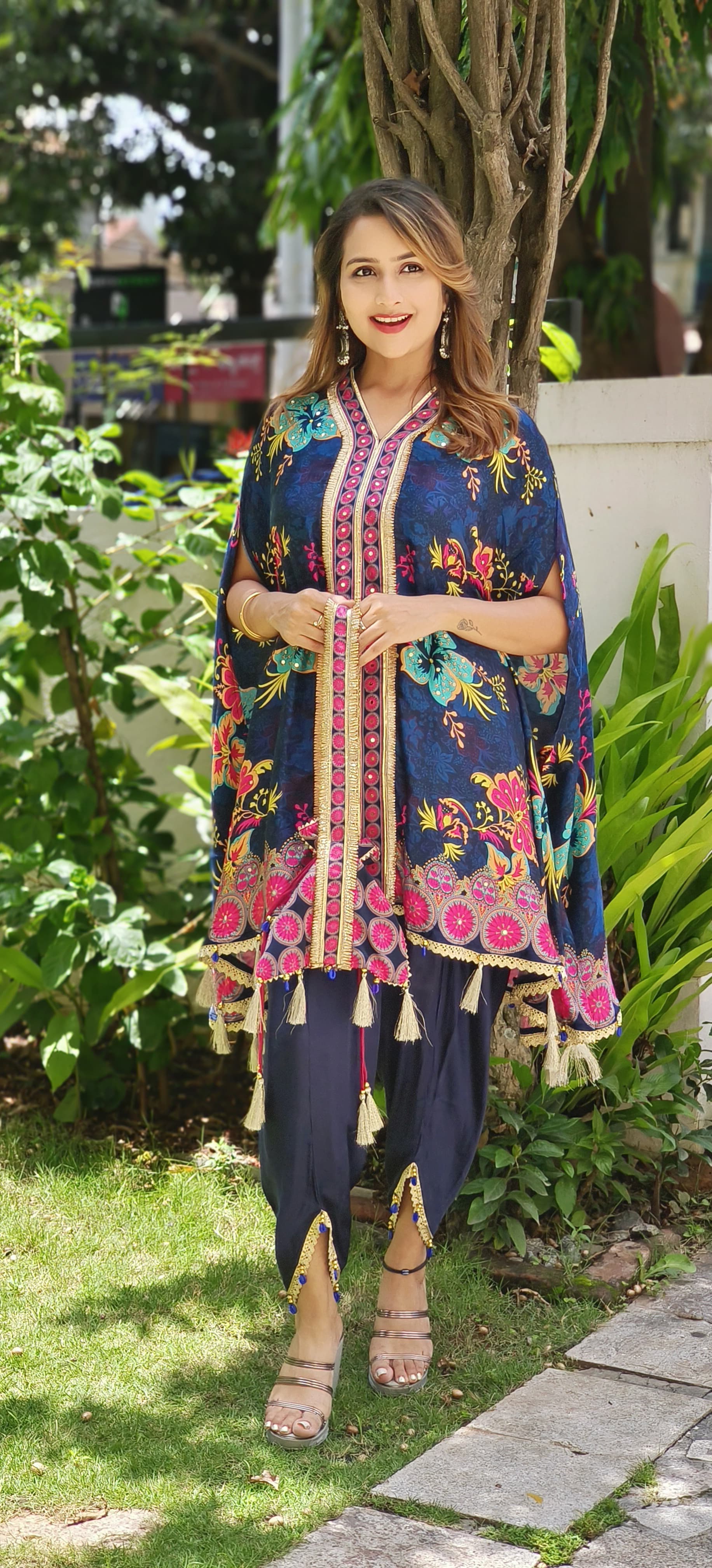 Satin Silk V-neck Floral Printed Kaftan With Tulip Pants And Potali Bags DRYWAS-06333-35