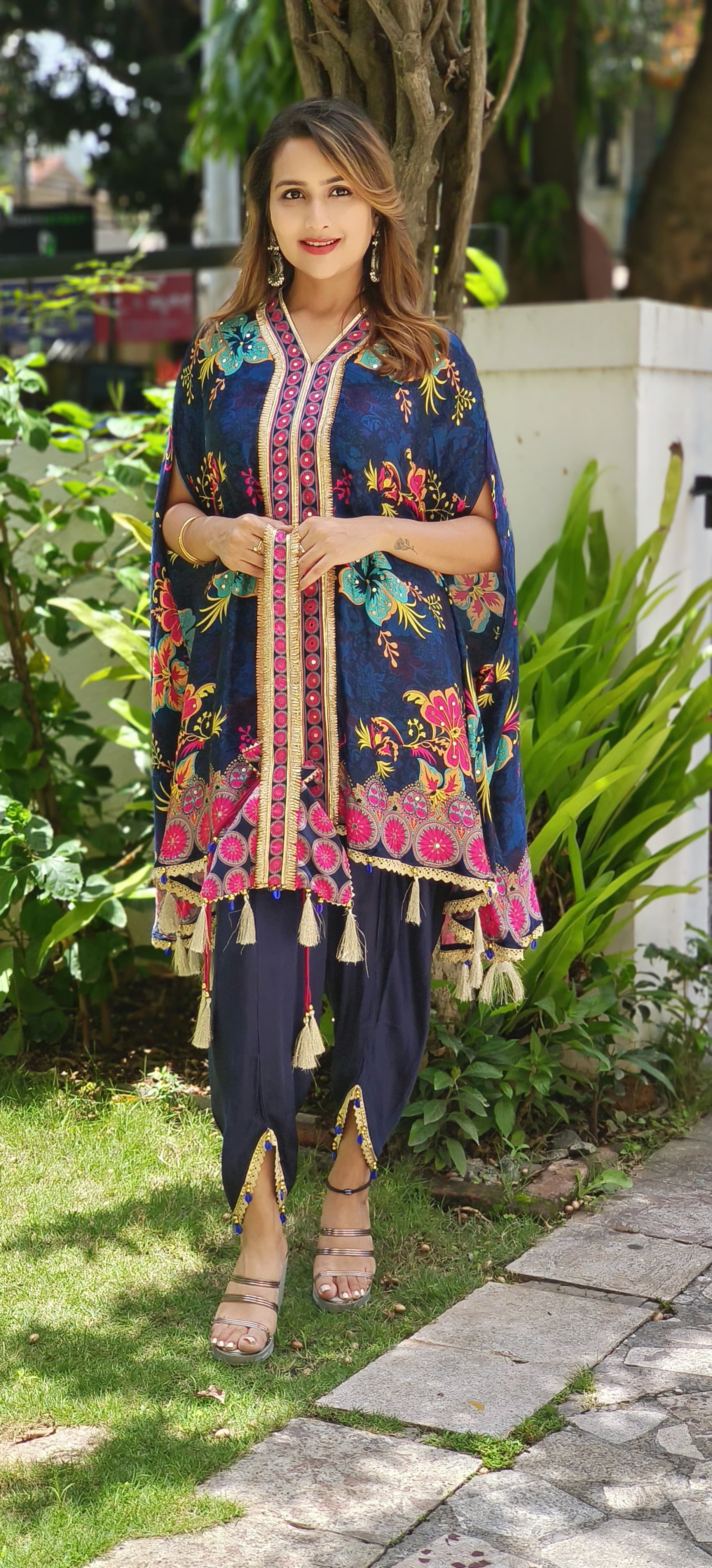 Satin Silk V-neck Floral Printed Kaftan With Tulip Pants And Potali Bags DRYWAS-06333-35