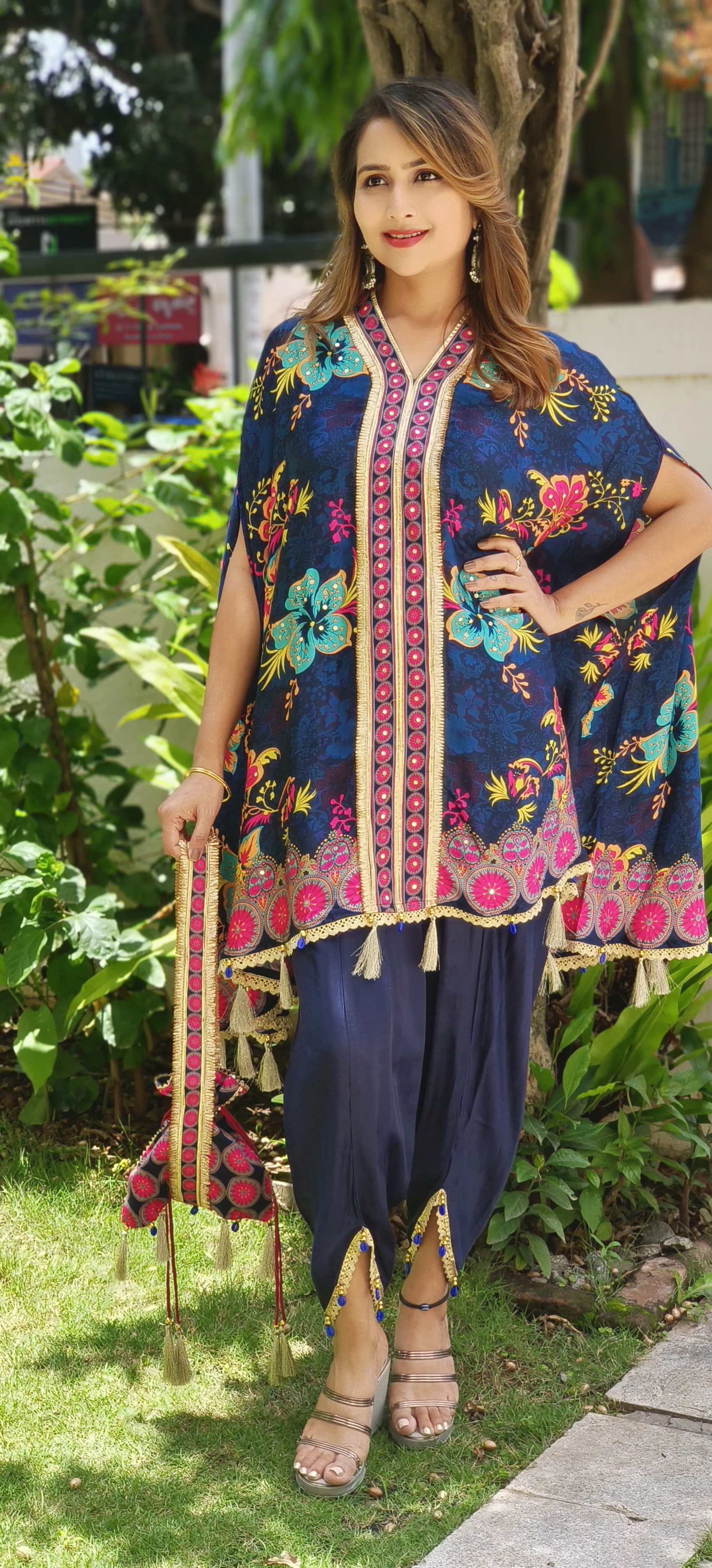 Satin Silk V-neck Floral Printed Kaftan With Tulip Pants And Potali Bags DRYWAS-06333-35