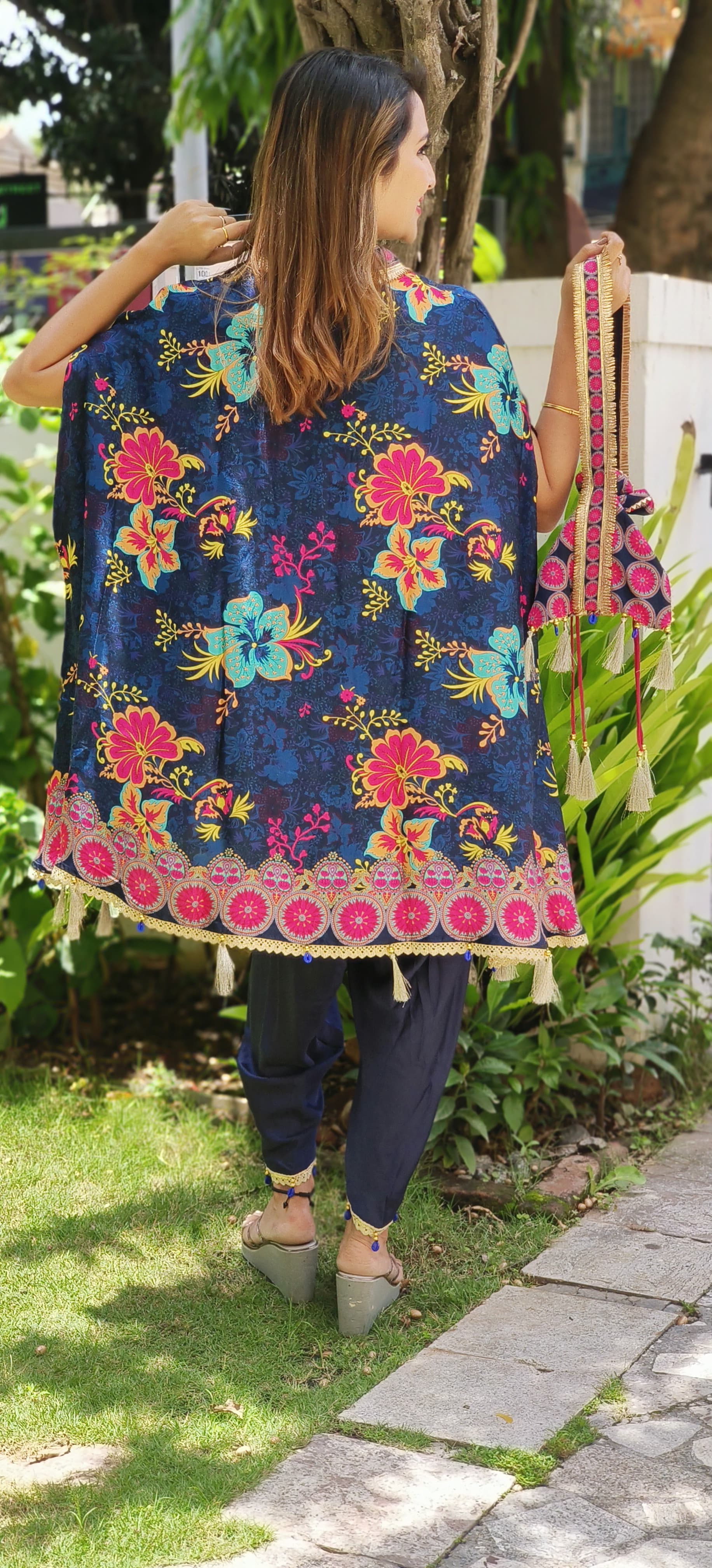 Satin Silk V-neck Floral Printed Kaftan With Tulip Pants And Potali Bags DRYWAS-06333-35