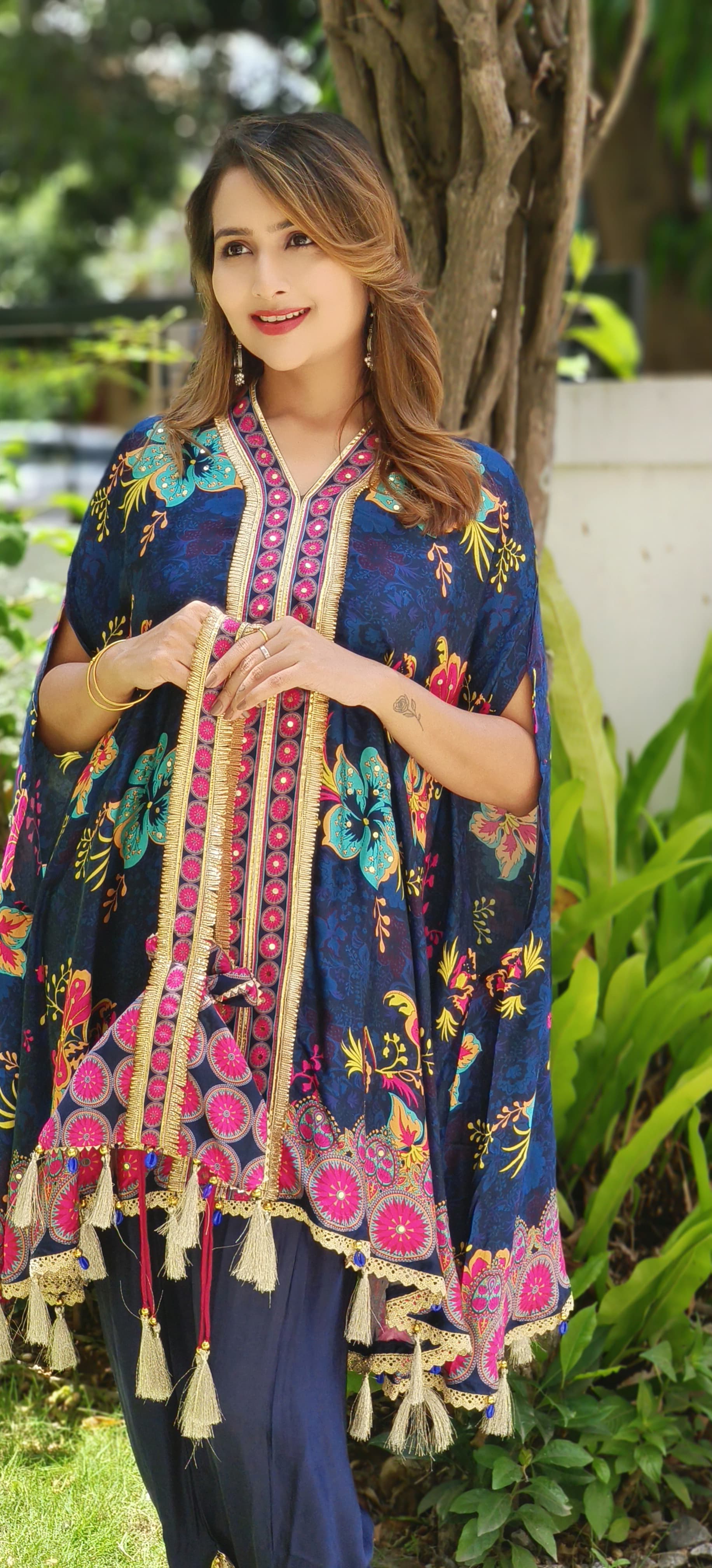 Satin Silk V-neck Floral Printed Kaftan With Tulip Pants And Potali Bags DRYWAS-06333-35