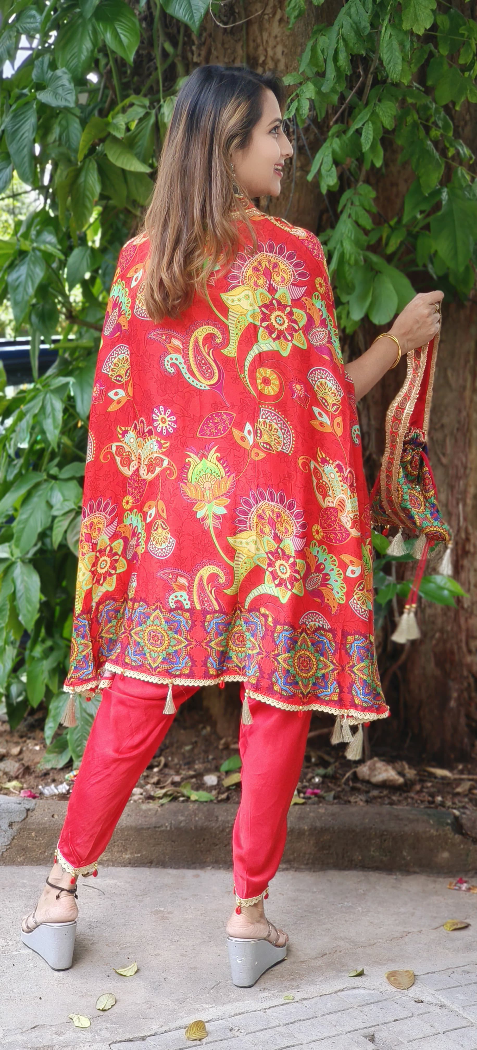 Satin Silk V-neck Floral Printed Kaftan With Tulip Pants And Potali Bags DRYWAS-06333-35