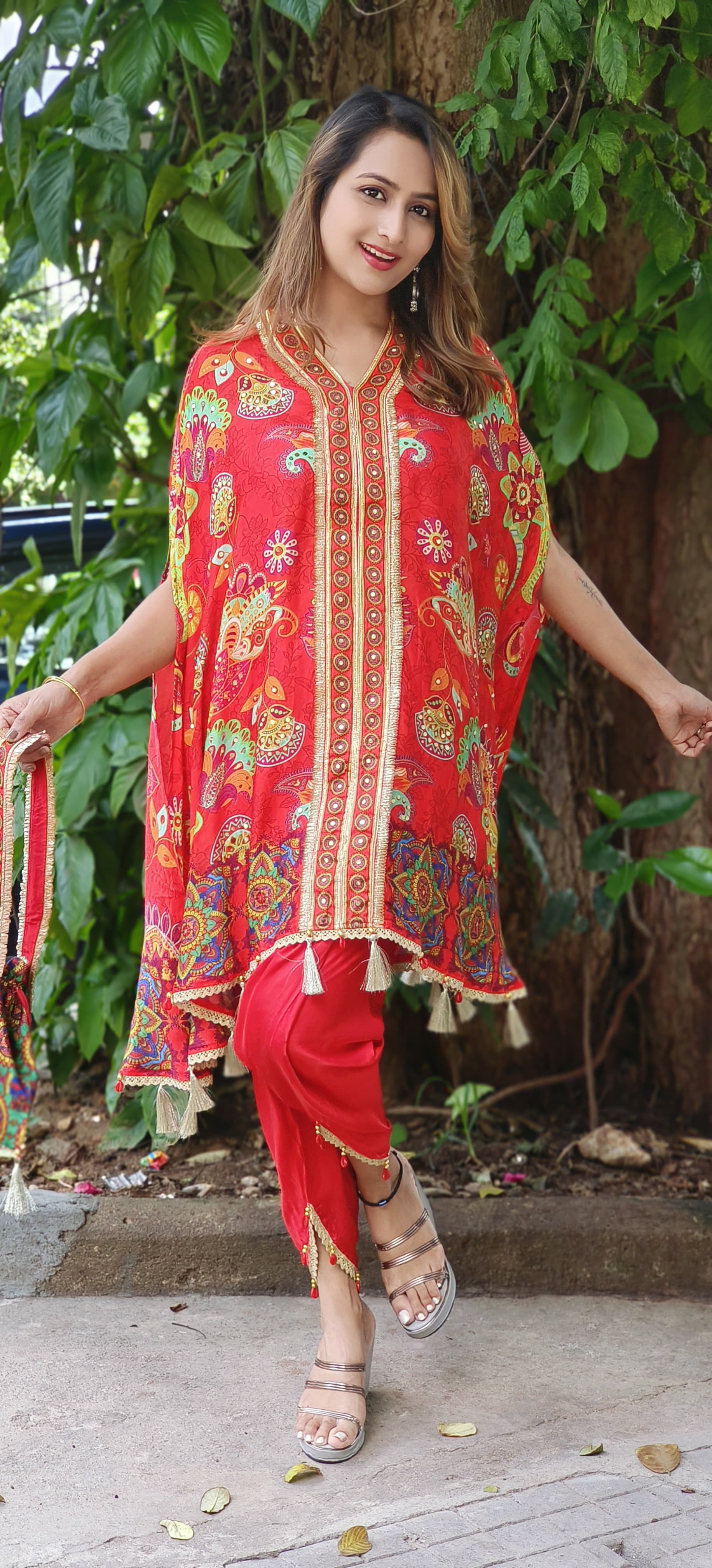 Satin Silk V-neck Floral Printed Kaftan With Tulip Pants And Potali Bags DRYWAS-06333-35