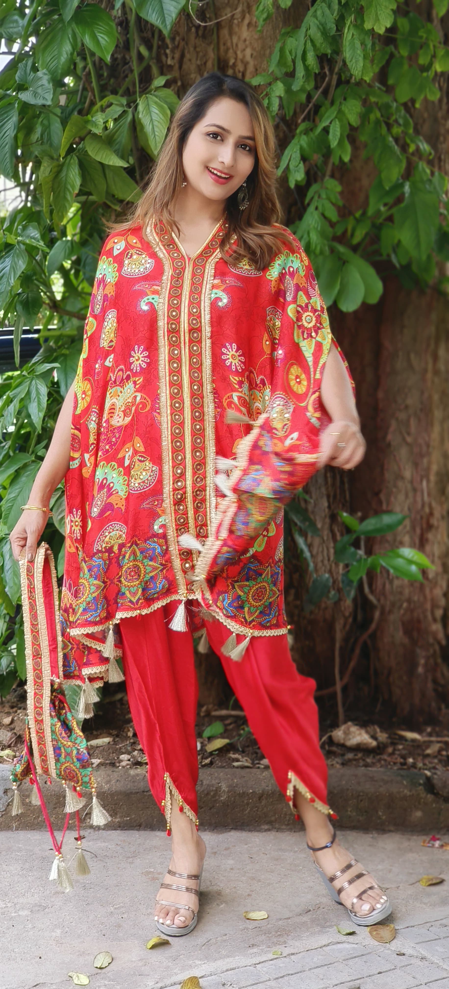 Satin Silk V-neck Floral Printed Kaftan With Tulip Pants And Potali Bags DRYWAS-06333-35