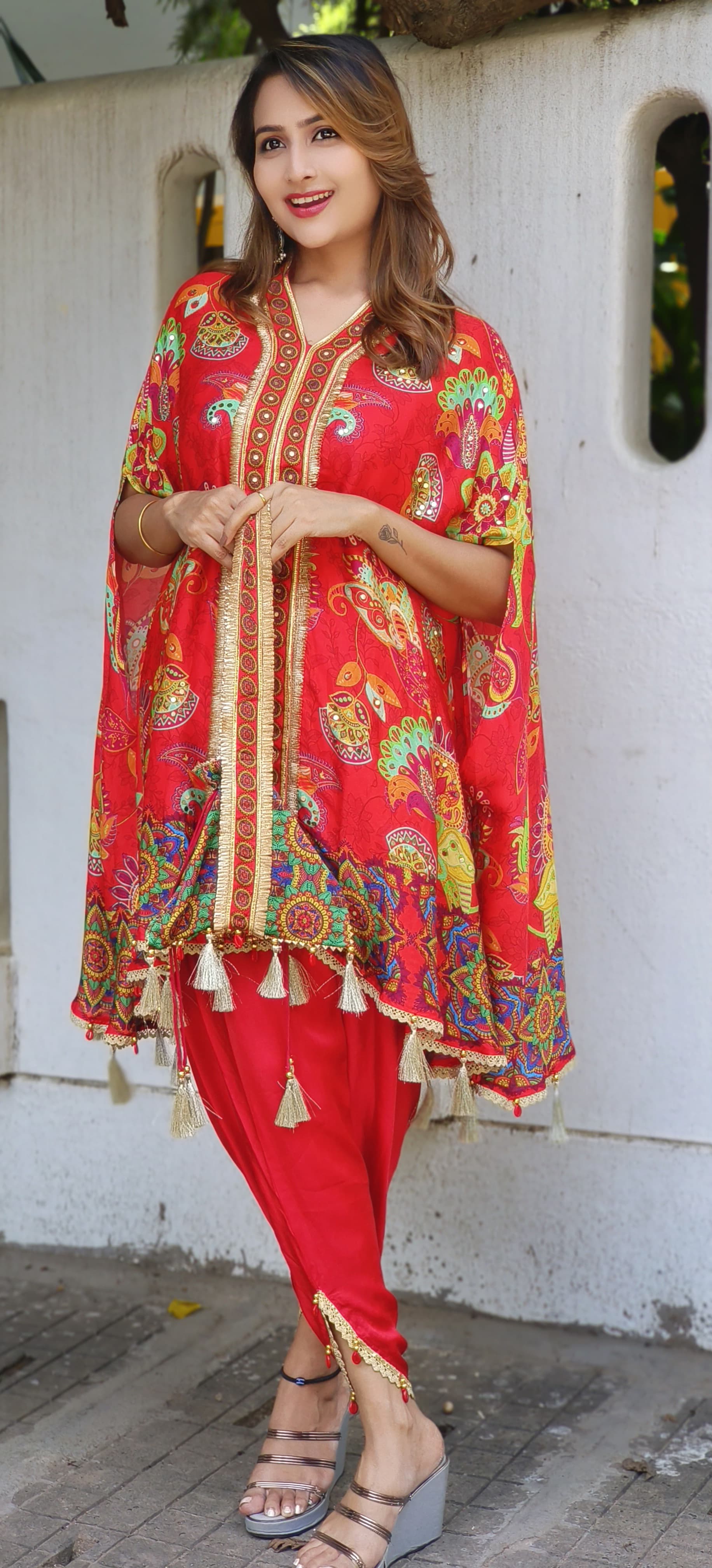 Satin Silk V-neck Floral Printed Kaftan With Tulip Pants And Potali Bags DRYWAS-06333-35