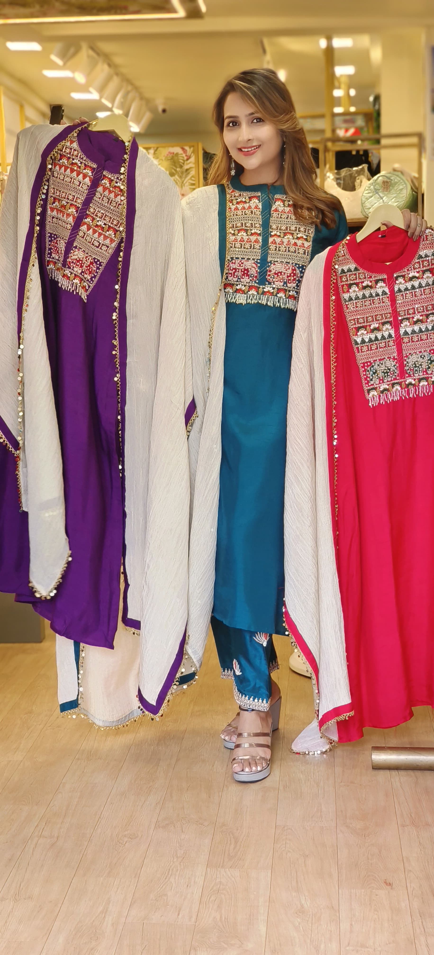 Beautiful Silk Zardozis Work Kurta Pant With Crush Tissue Dupatta -06393-94-95