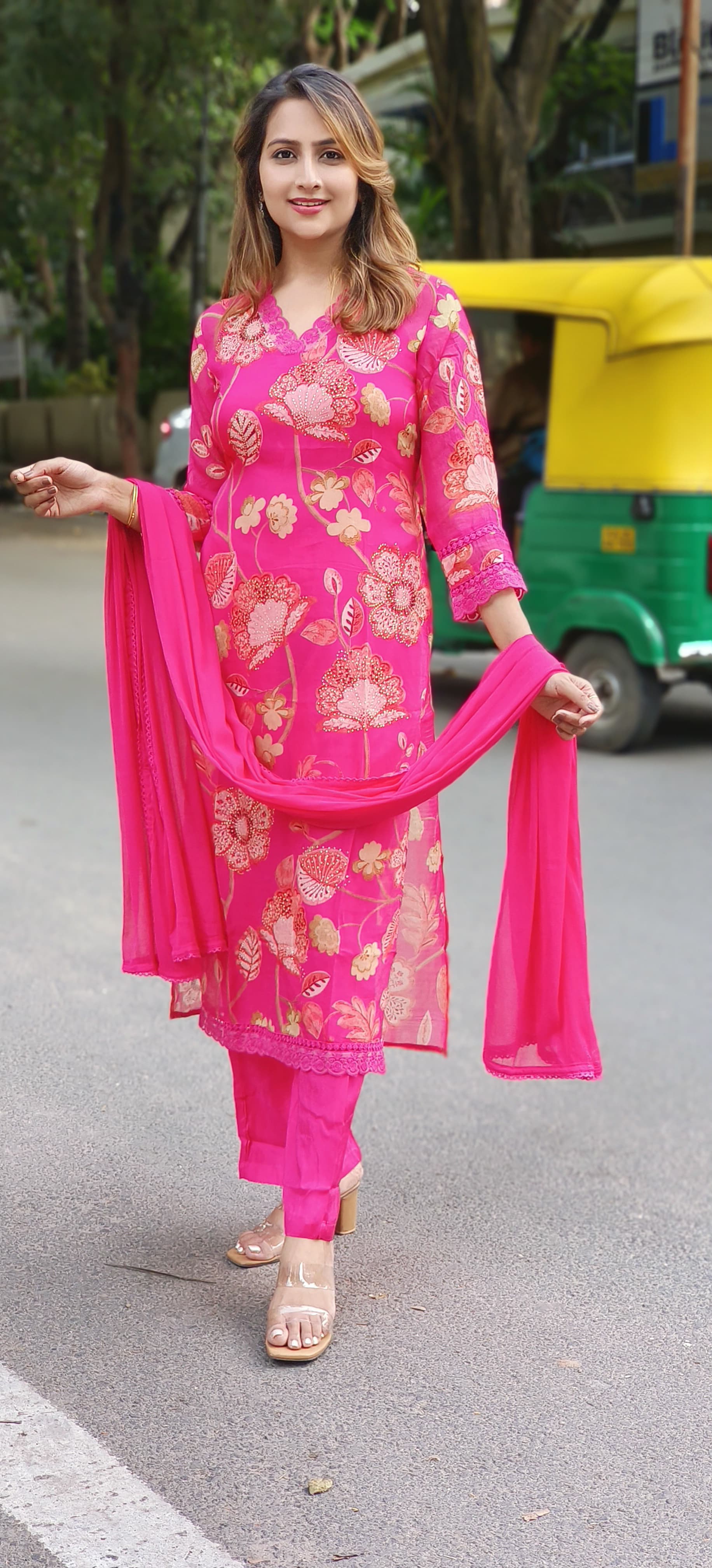 Beautiful Floral Print Swarovski Stone Work Soft Organza V-Neck Full Suit Set With Dupatta-06280