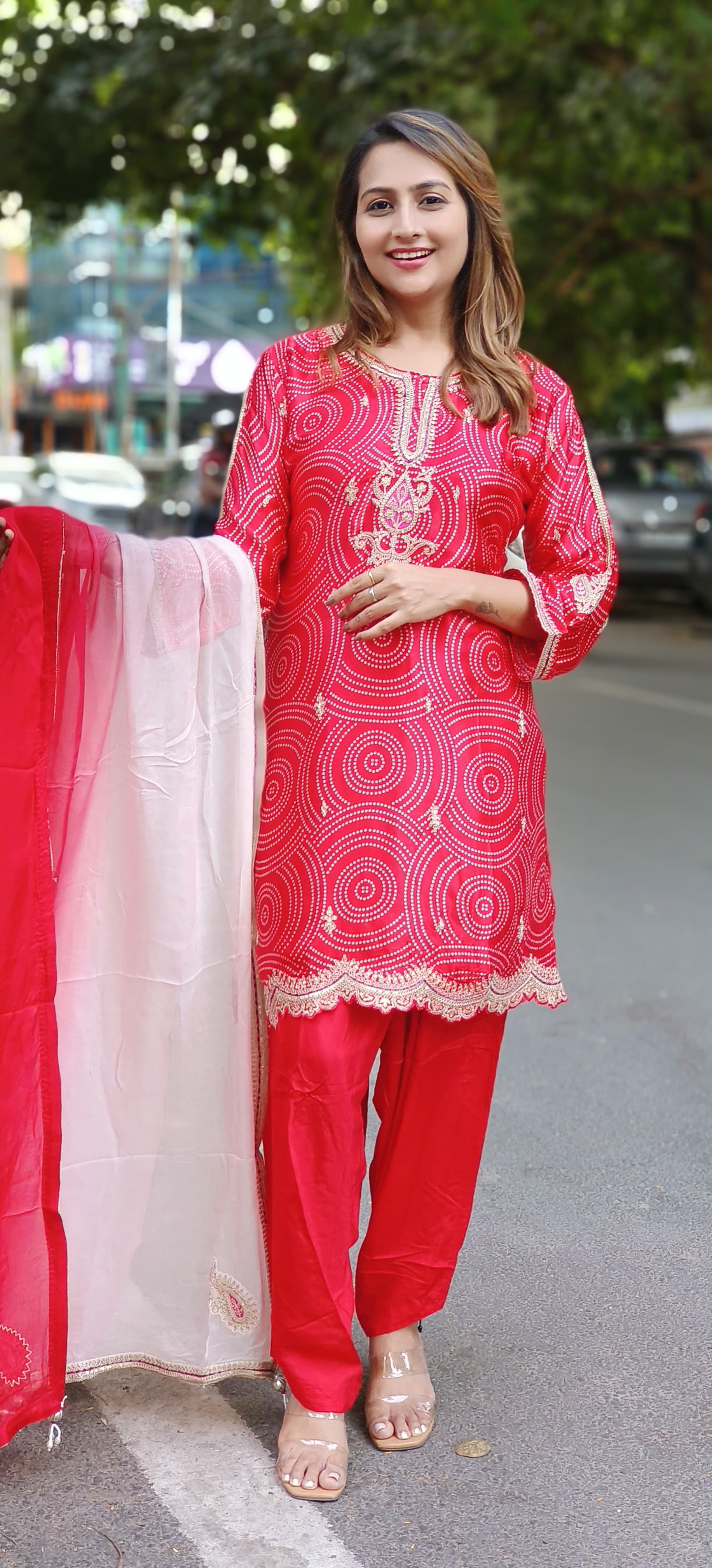 Pure Satin Gajji Silk Embroidered Bandhani Kurta Patiala pant With Organza Dupatta DRYWASH-06314-15