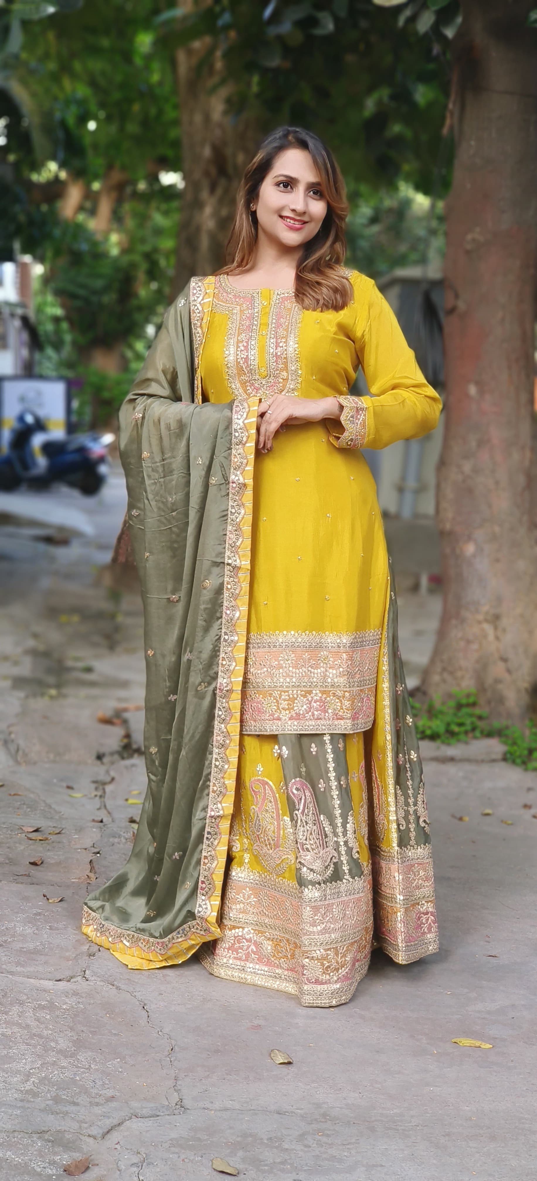 Pure Silk Gotta Work Embroidery Kurta With Multicolor Embroidery Skirt with Dupatta DRY WASH ONLY-06313-06340 TWO PATTERNS)