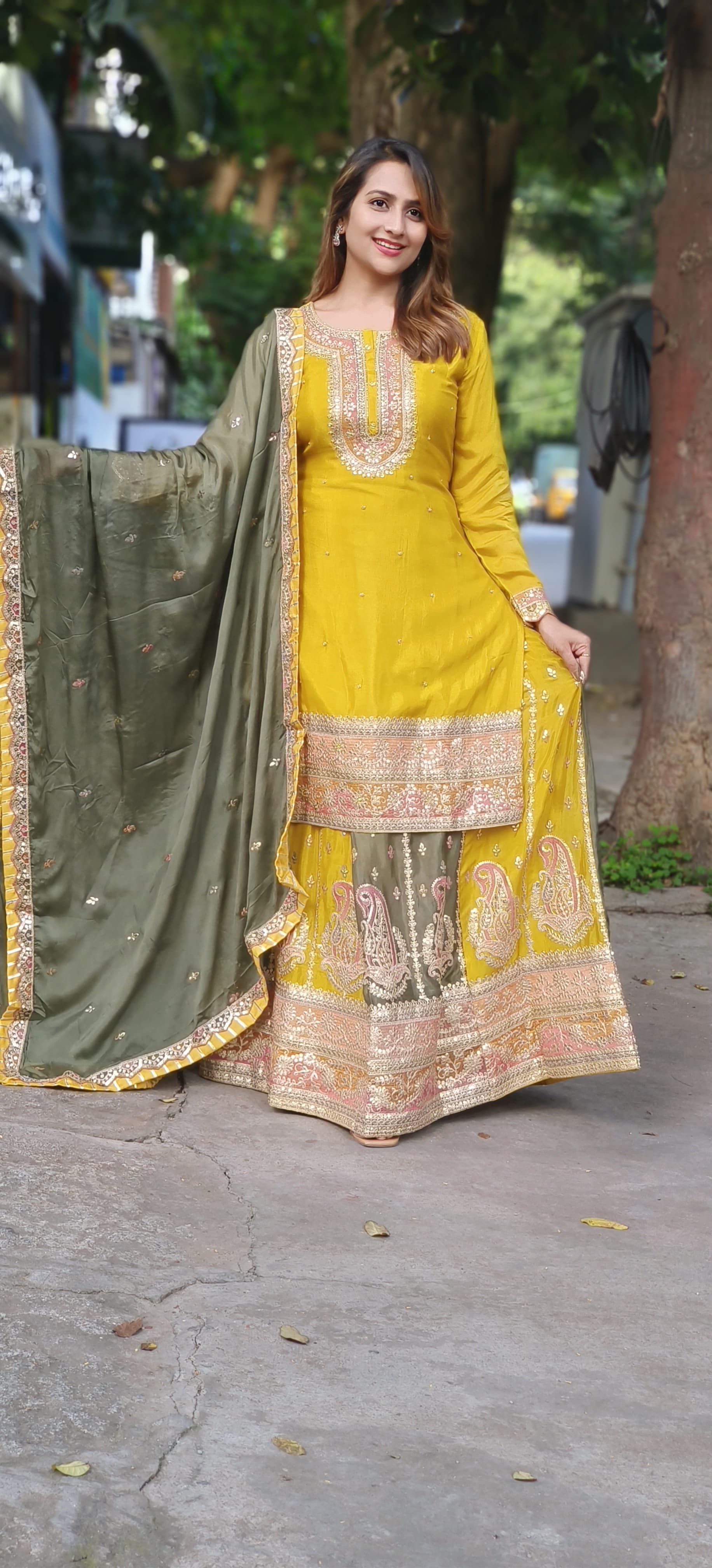 Pure Silk Gotta Work Embroidery Kurta With Multicolor Embroidery Skirt with Dupatta DRY WASH ONLY-06313-06340 TWO PATTERNS)