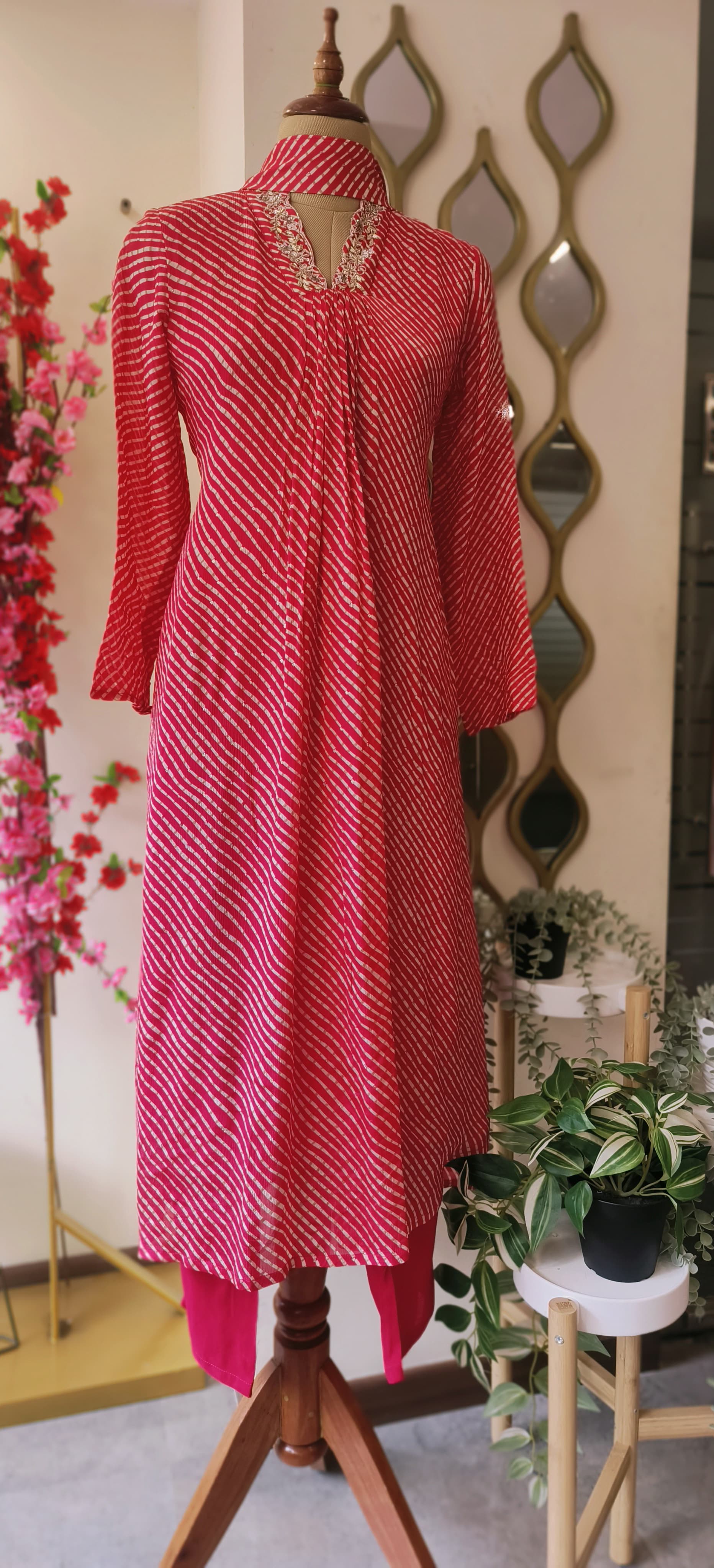 Pure Chinon Stylish Lehriya Printed Embroidery A-line Kurta With Pant And Dupatta Set DRYWASHONLY-06346