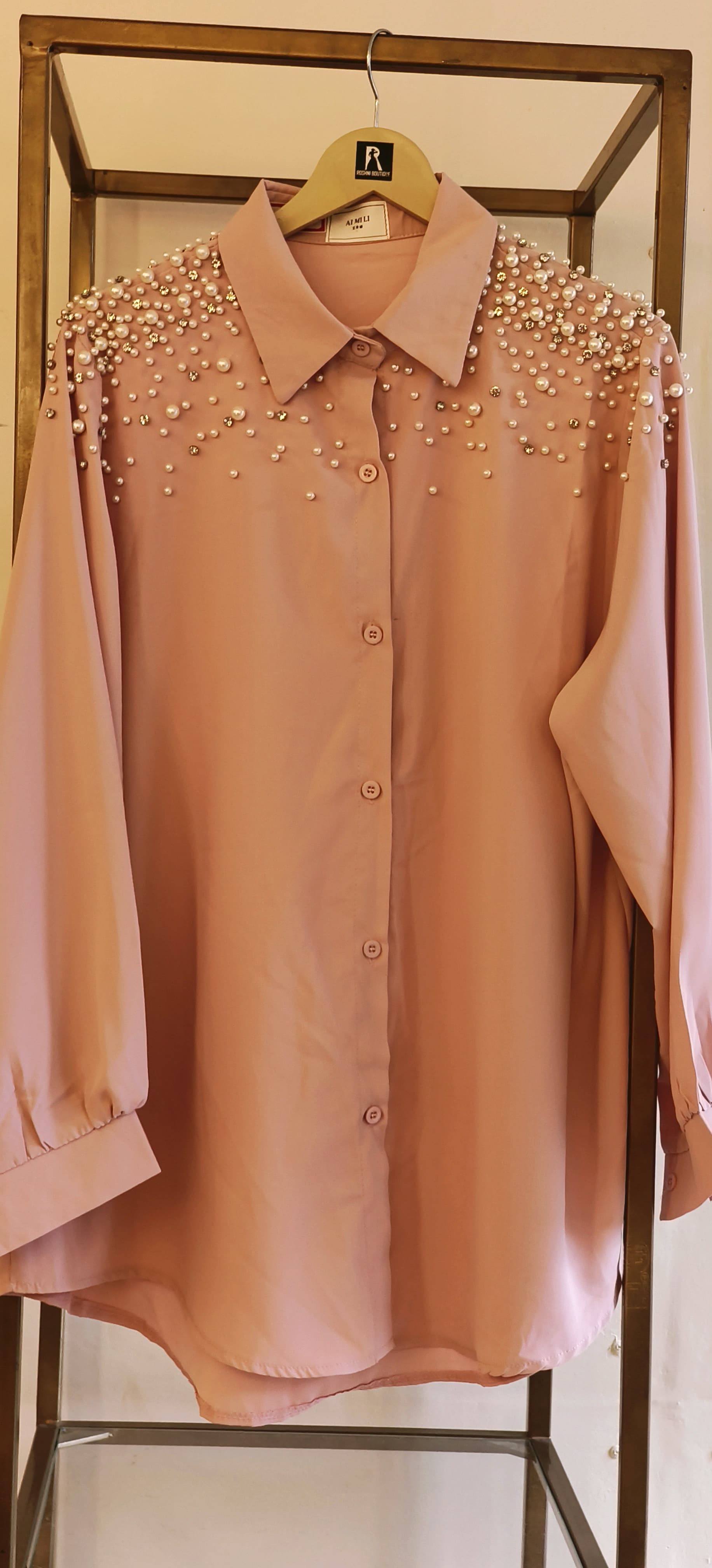 Oversize Pearl And Embroidered Imported Shirt-