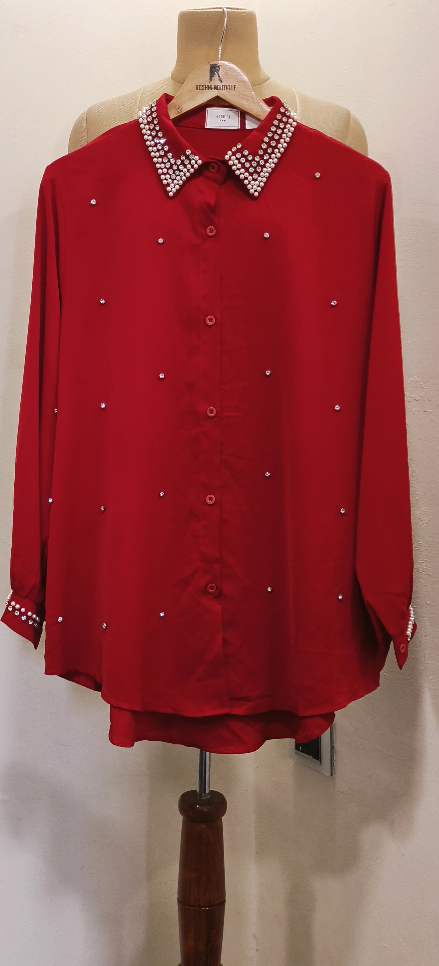 Stylish Oversize Pearl And Stone Embroidered Imported Shirt-